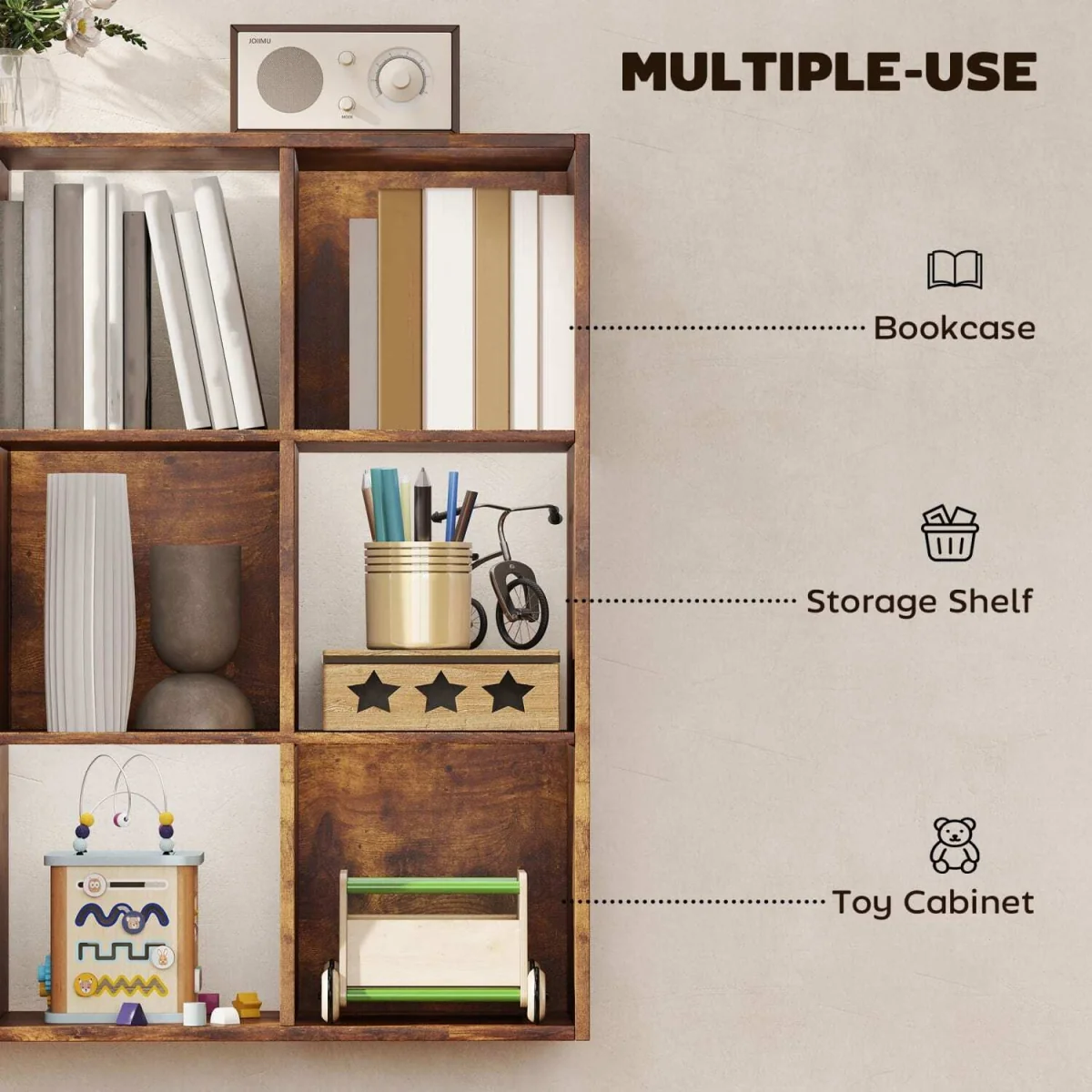 Mamomo Wood Rustic Brown 3-Tier 9-Cube Storage Bookcase – image 7