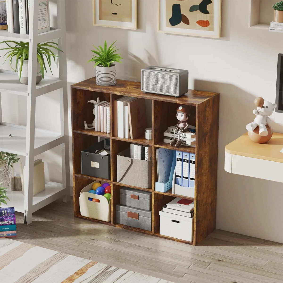 Mamomo Wood Rustic Brown 3-Tier 9-Cube Storage Bookcase – image 8