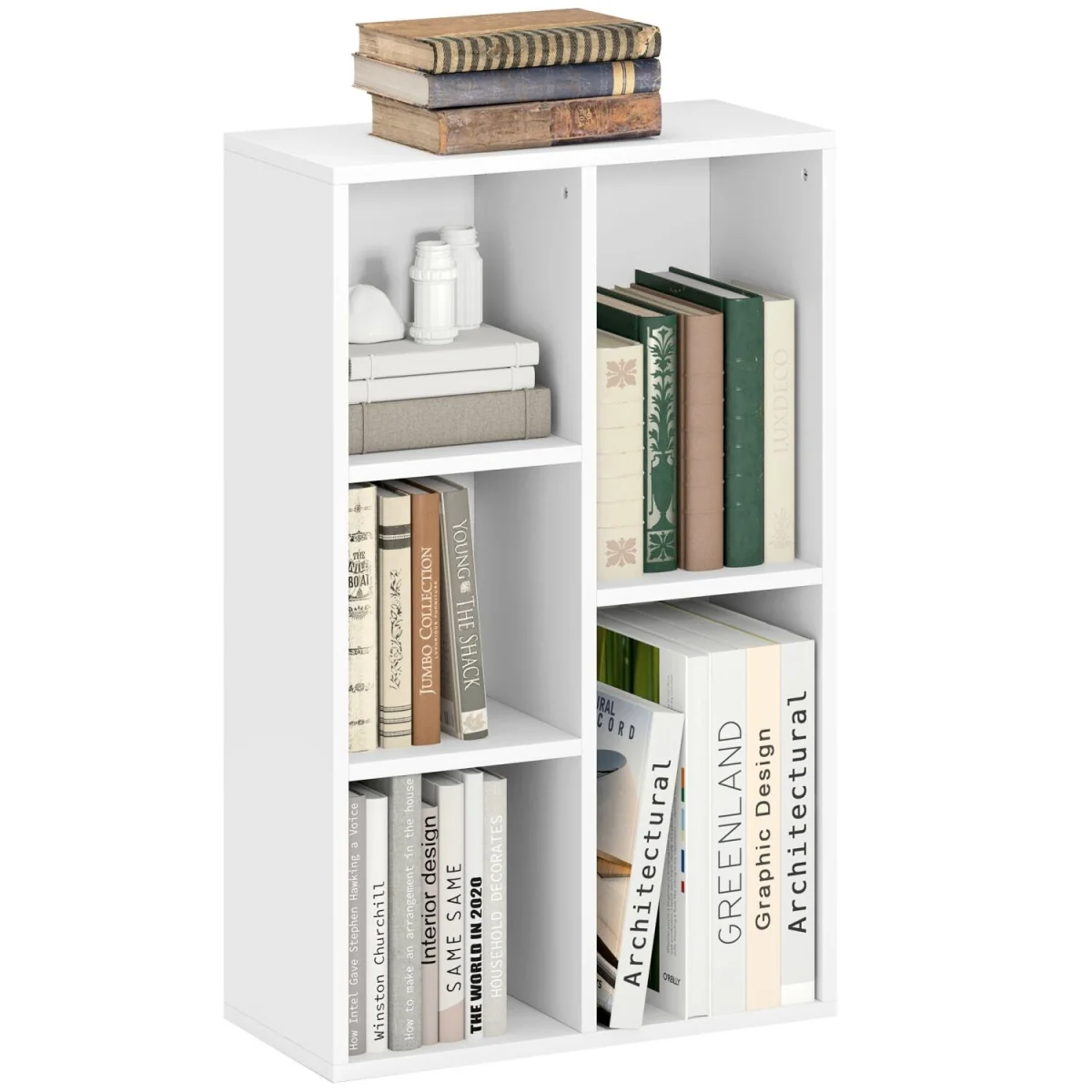 Sovi Wood White 2-Tier Bookcase, 5 Open Compartments – image 3