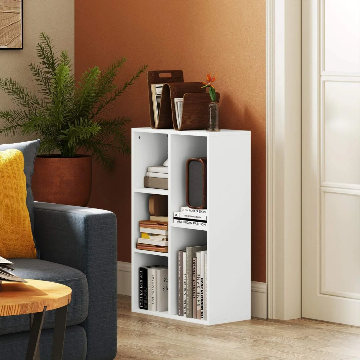 Sovi Wood White 2-Tier Bookcase, 5 Open Compartments – image 4
