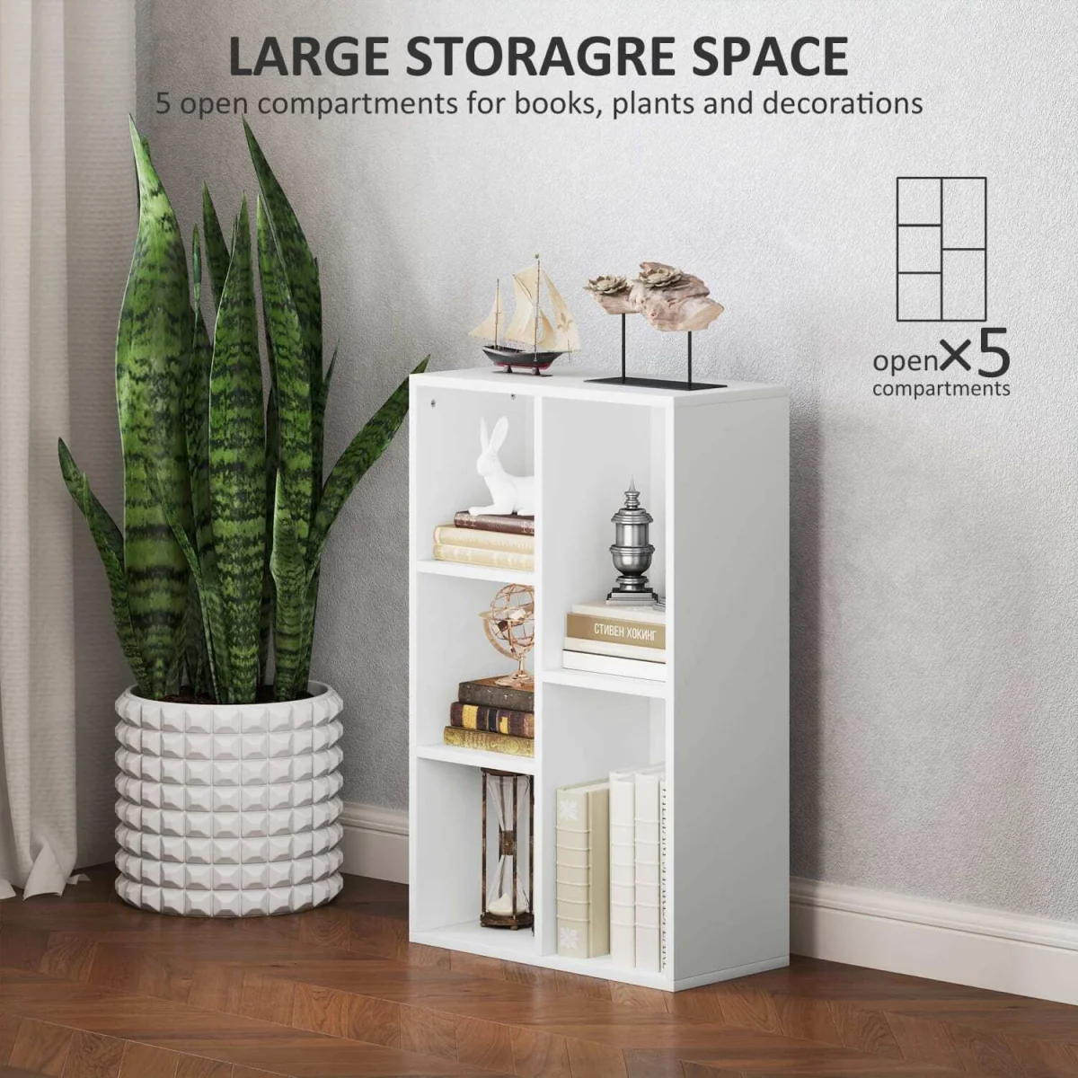 Sovi Wood White 2-Tier Bookcase, 5 Open Compartments – image 6