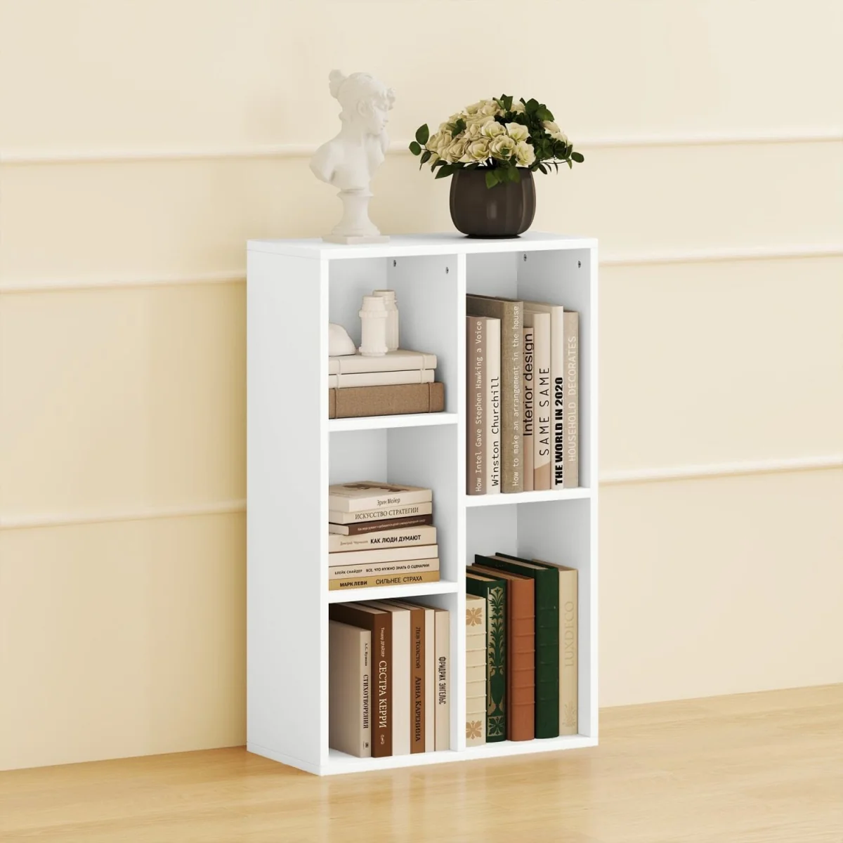 Sovi Wood White 2-Tier Bookcase, 5 Open Compartments – image 9