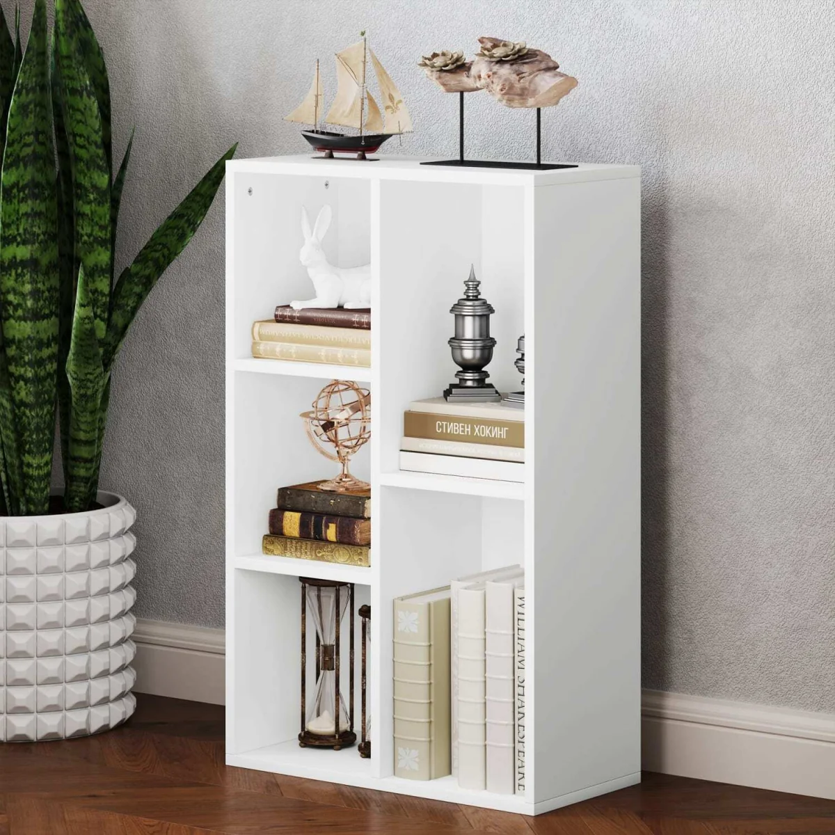 Sovi Wood White 2-Tier Bookcase, 5 Open Compartments – image 10