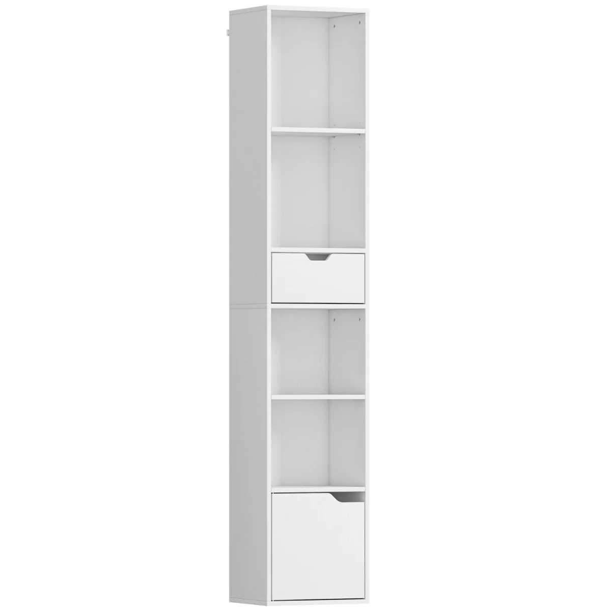 Kesura Wooden White Tall Narrow 6-Tier Bookcase with Drawer and Door – image 3