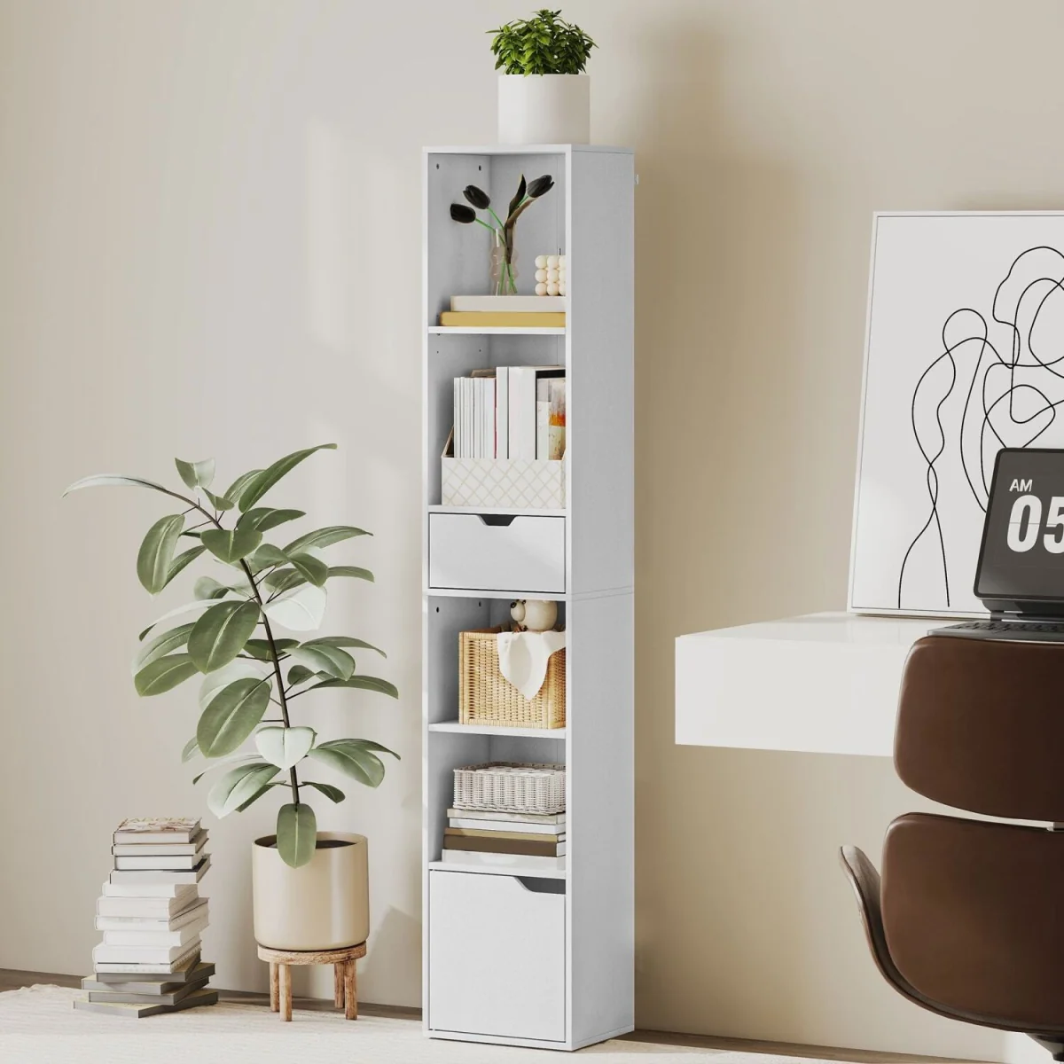 Kesura Wooden White Tall Narrow 6-Tier Bookcase with Drawer and Door – image 4