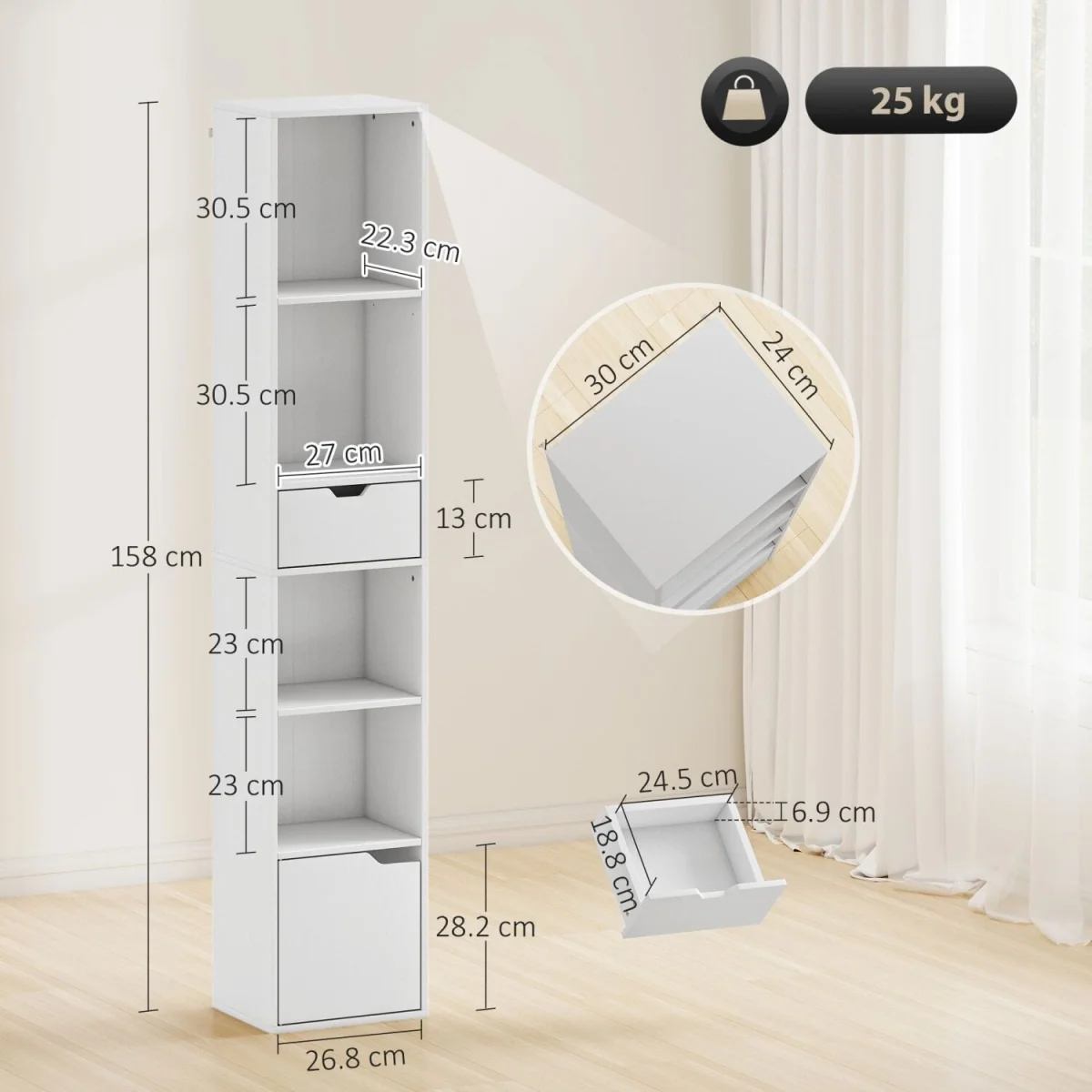 Kesura Wooden White Tall Narrow 6-Tier Bookcase with Drawer and Door – image 5