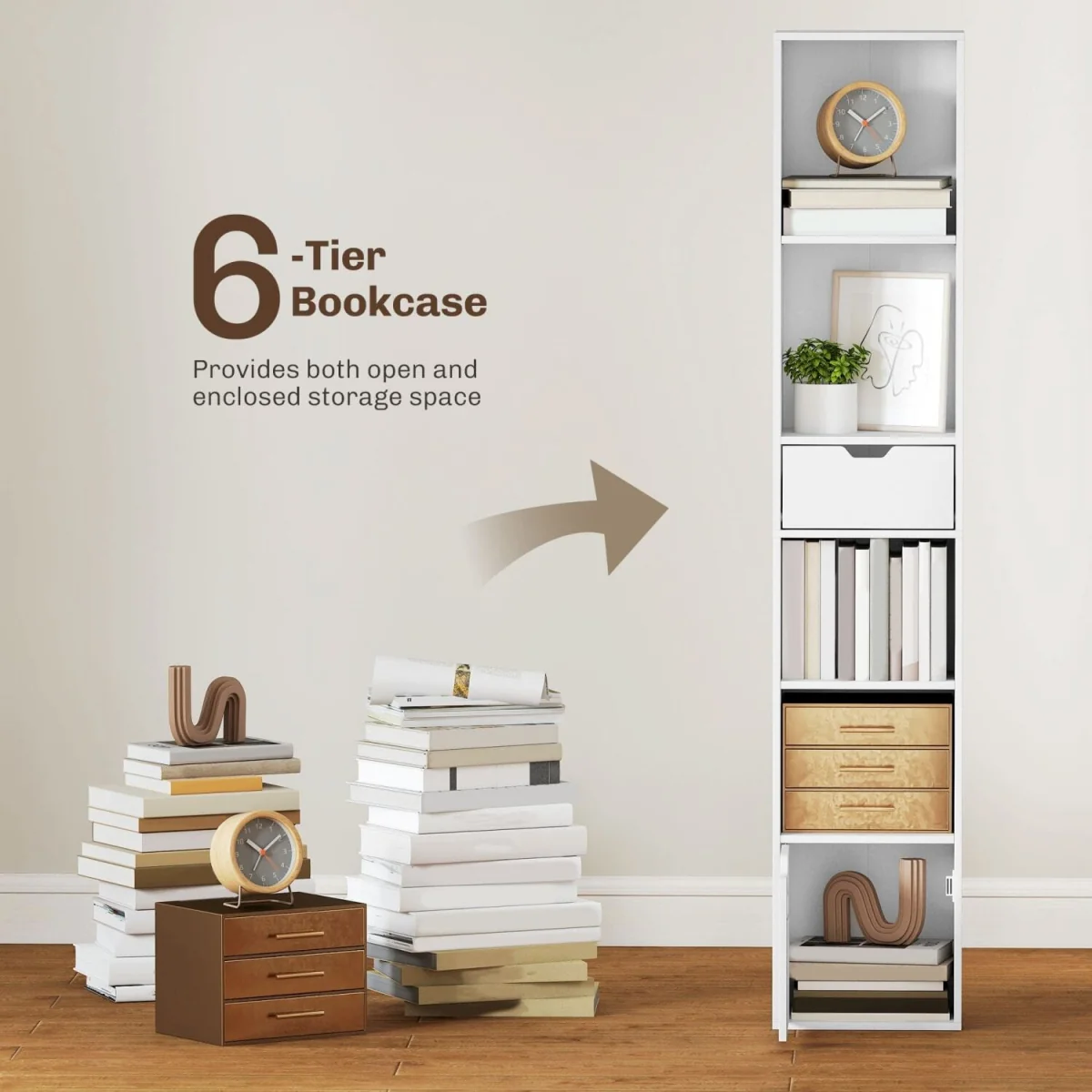 Kesura Wooden White Tall Narrow 6-Tier Bookcase with Drawer and Door – image 6