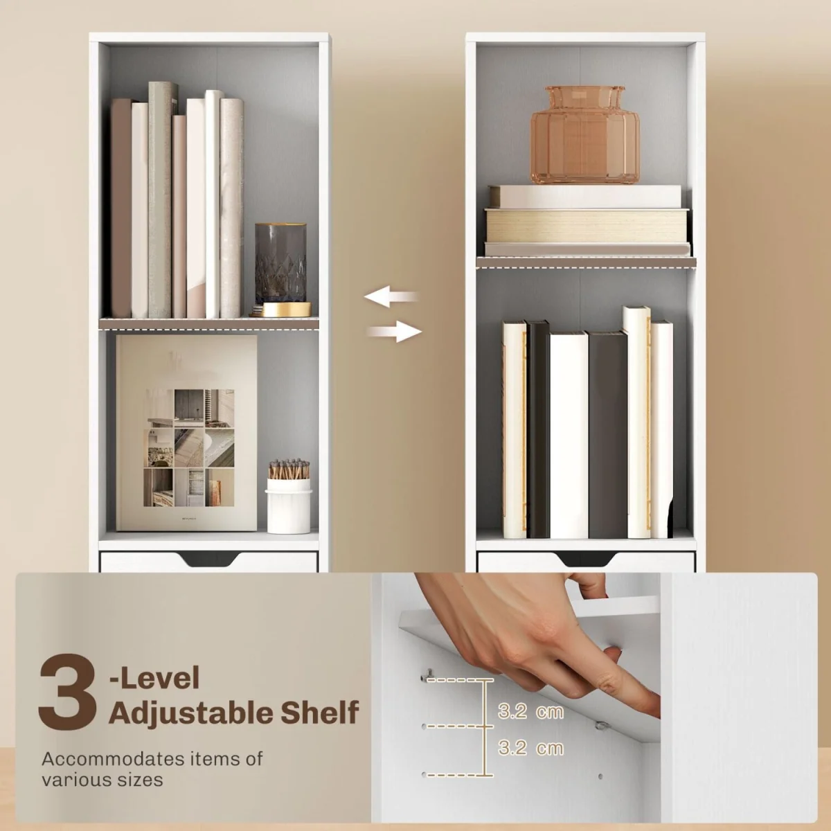 Kesura Wooden White Tall Narrow 6-Tier Bookcase with Drawer and Door – image 7