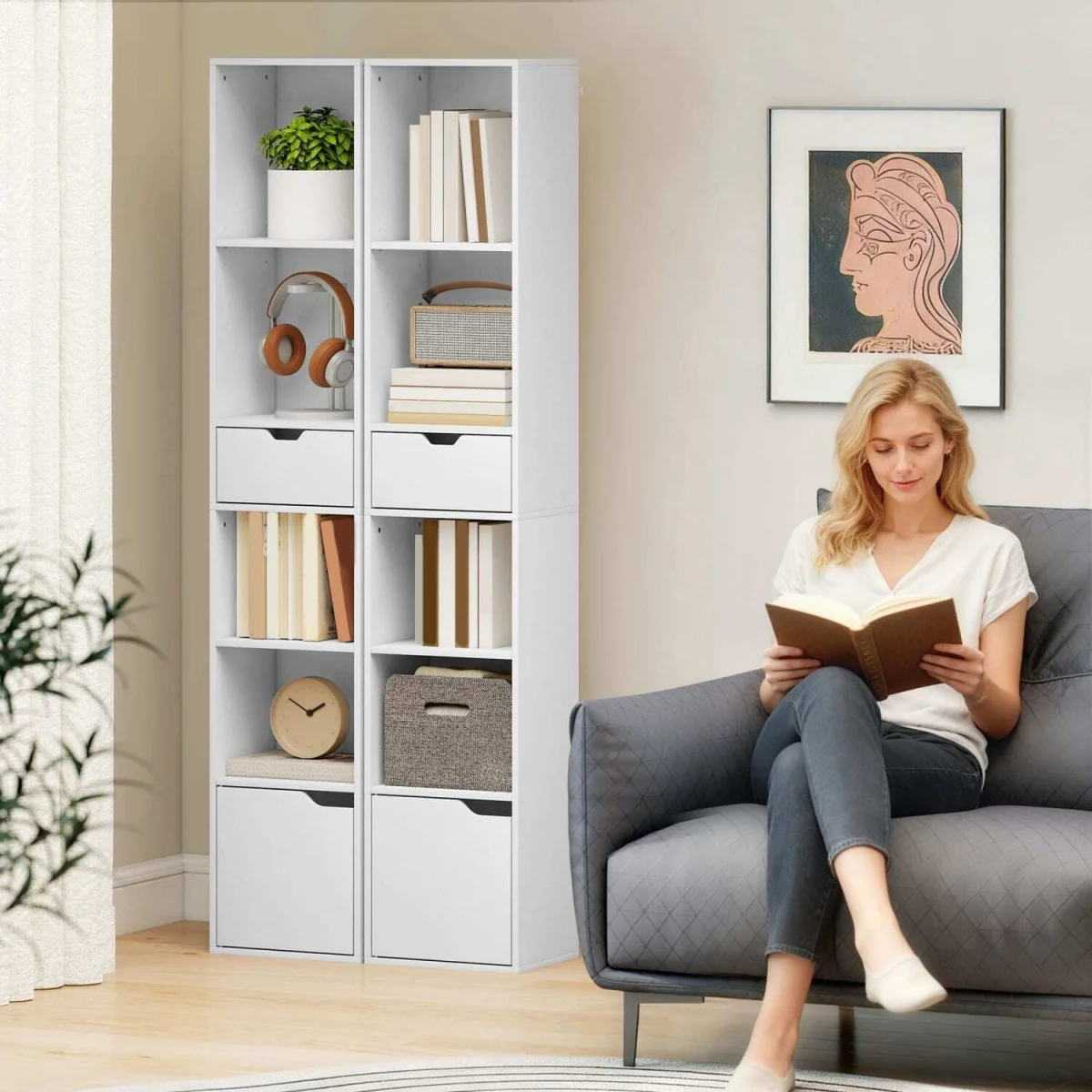 Kesura Wooden White Tall Narrow 6-Tier Bookcase with Drawer and Door – image 8