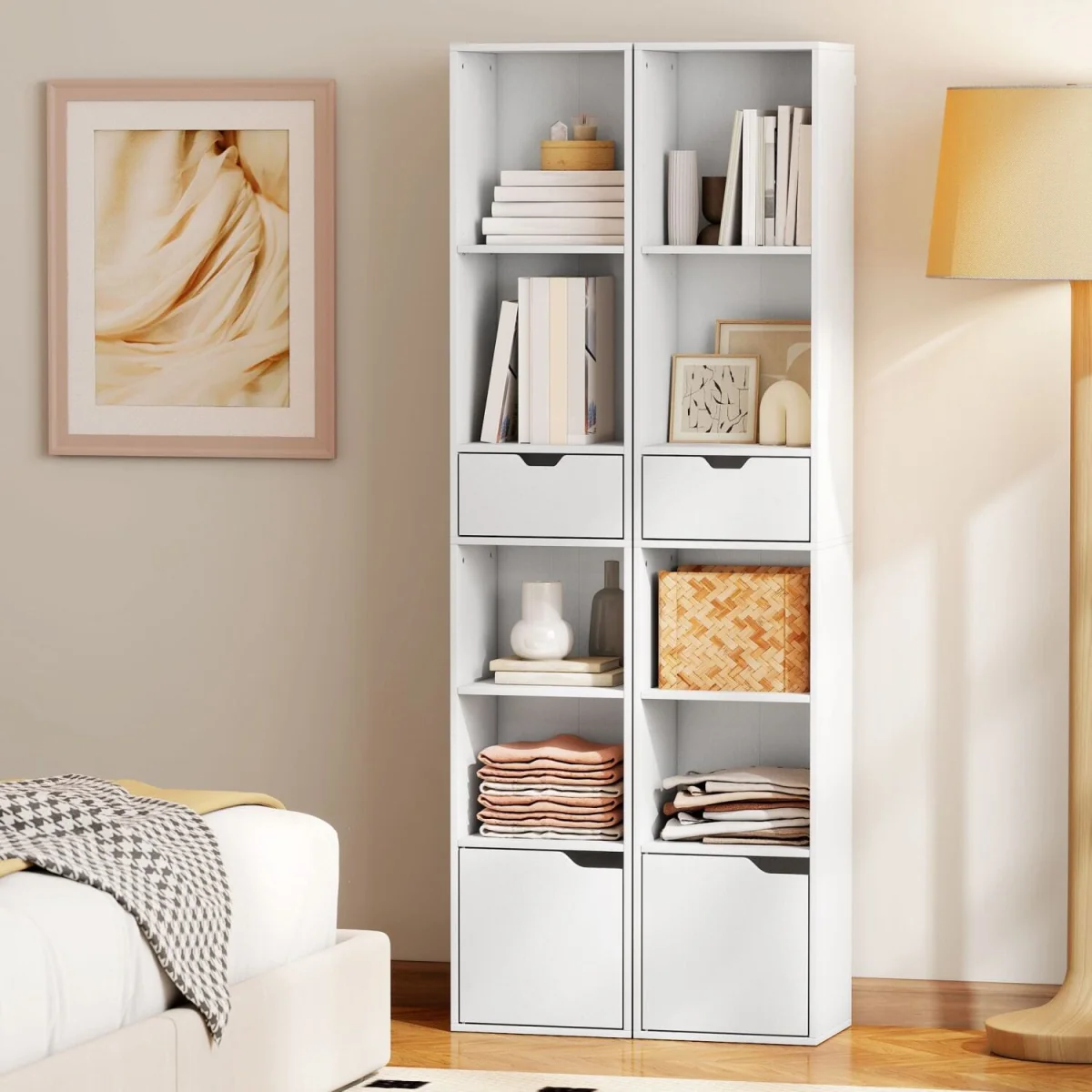 Kesura Wooden White Tall Narrow 6-Tier Bookcase with Drawer and Door – image 9