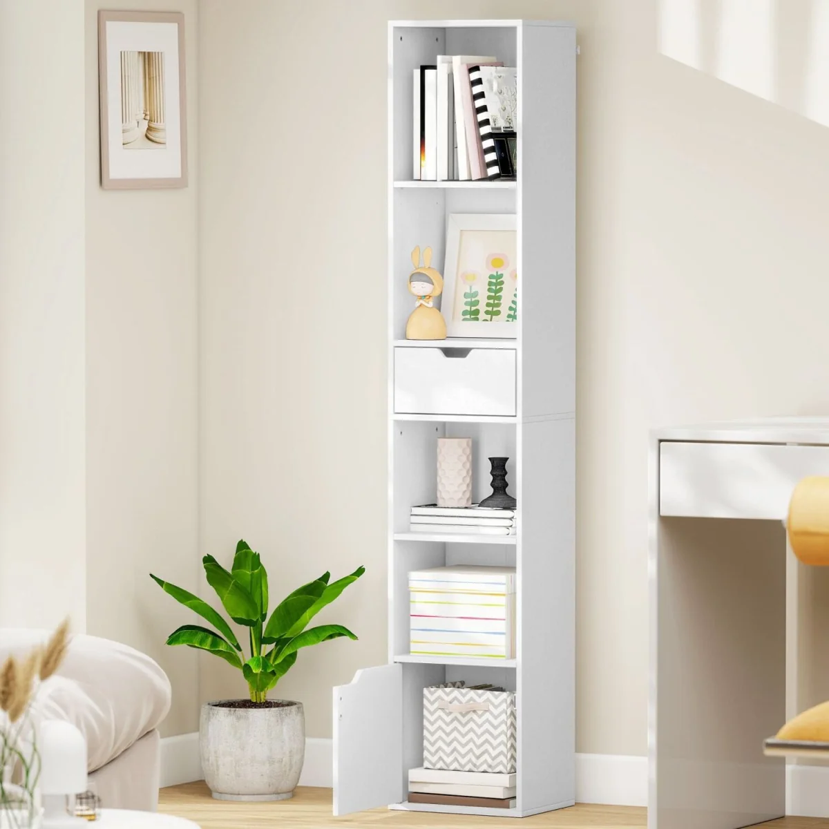 Kesura Wooden White Tall Narrow 6-Tier Bookcase with Drawer and Door – image 10