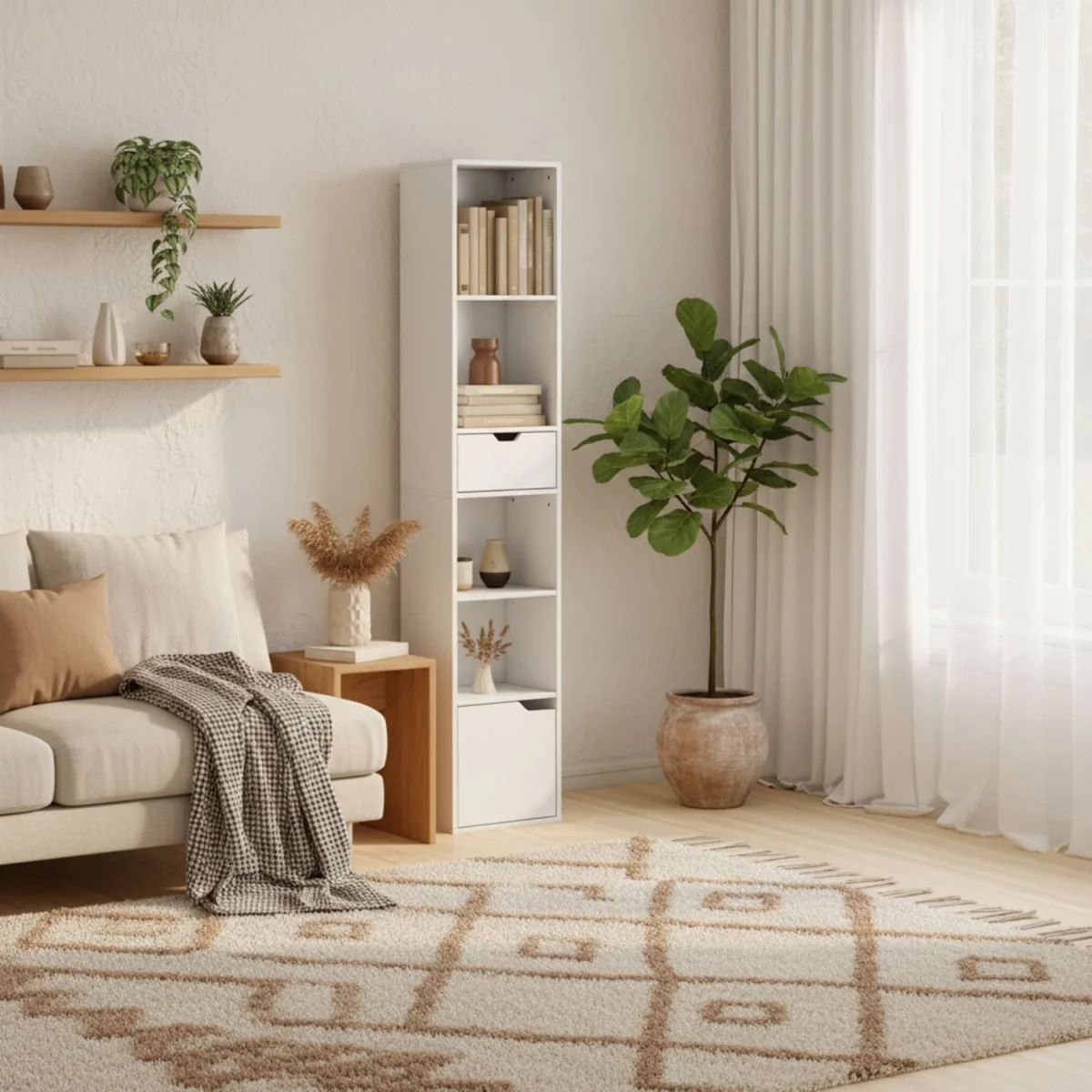 Kesura Wooden White Tall Narrow 6-Tier Bookcase with Drawer and Door – image 1