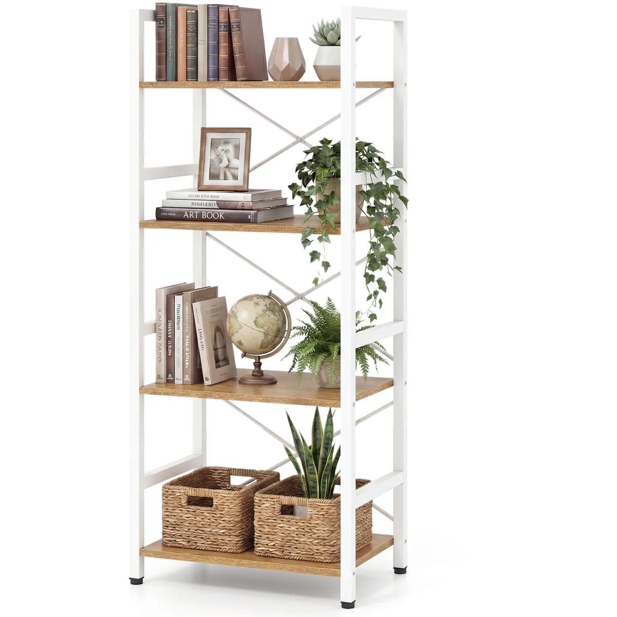 4 Tier Narrow Freestanding Bookshelf with Metal Frame - Natural – image 2