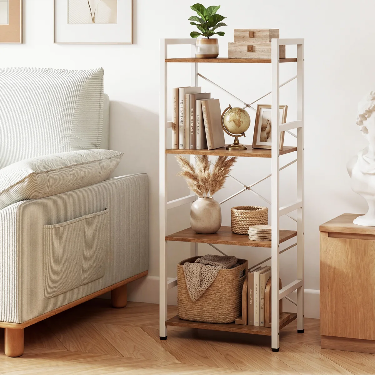 4 Tier Narrow Freestanding Bookshelf with Metal Frame - Natural – image 4