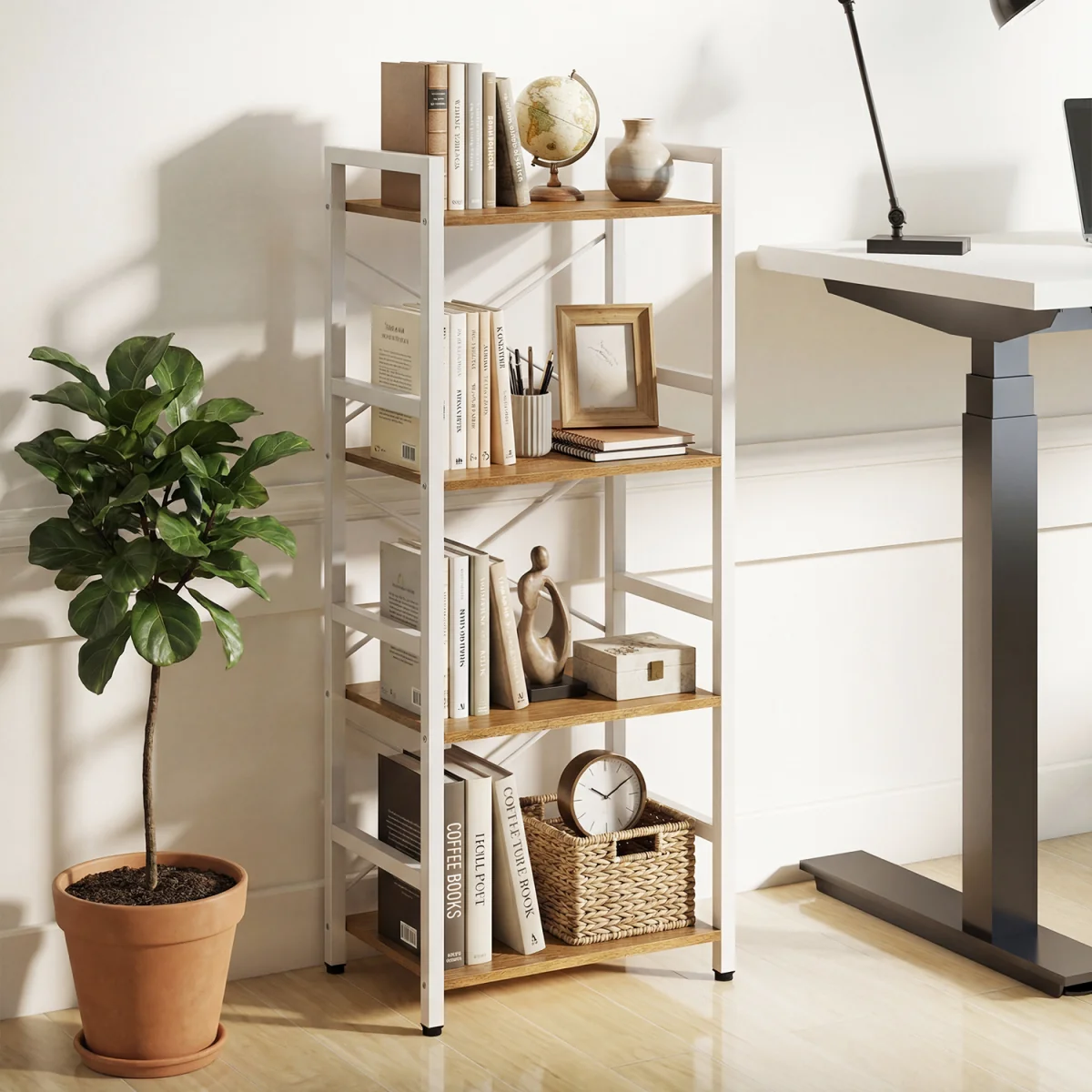 4 Tier Narrow Freestanding Bookshelf with Metal Frame - Natural – image 5