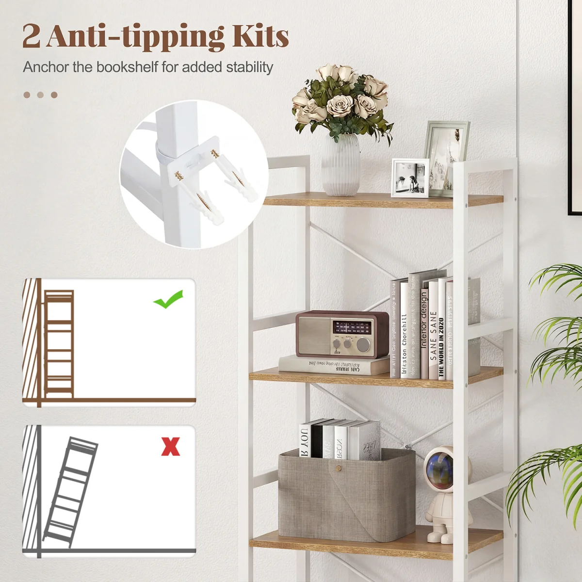 4 Tier Narrow Freestanding Bookshelf with Metal Frame - Natural – image 6
