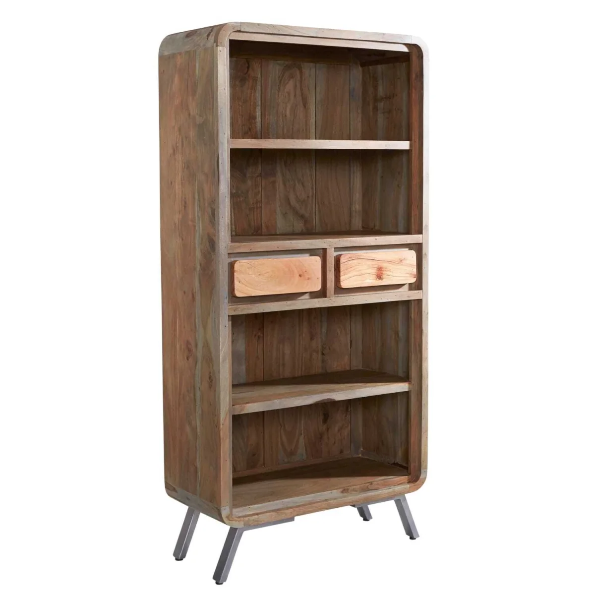 Los Angeles Reclaimed Wood Bookcase with Metal Legs and 2 Drawers - Brown – image 2