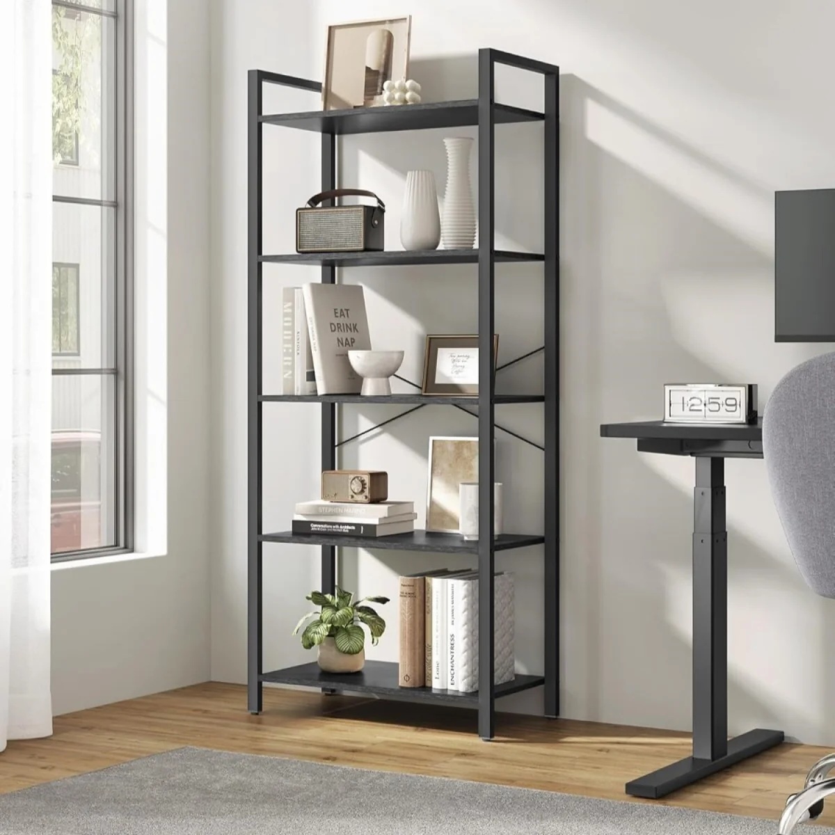 5-Tier Industrial Bookshelf with Steel Frame, Modern Open Bookcase Storage Unit - Ebony Black, Ink Black – image 2