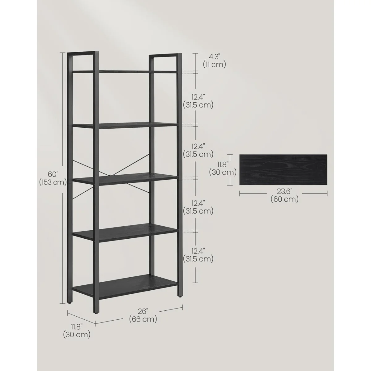 5-Tier Industrial Bookshelf with Steel Frame, Modern Open Bookcase Storage Unit - Ebony Black, Ink Black – image 3