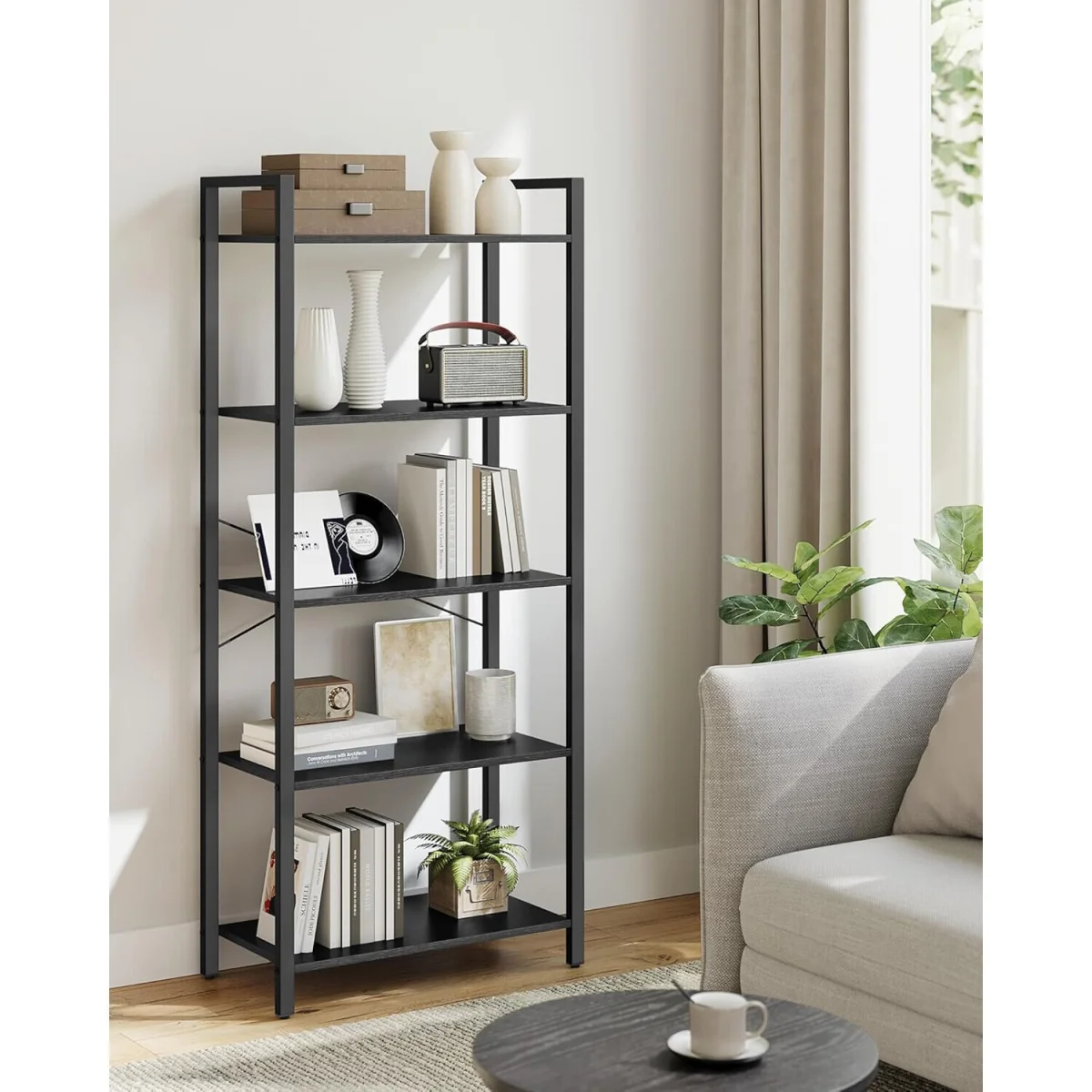 5-Tier Industrial Bookshelf with Steel Frame, Modern Open Bookcase Storage Unit - Ebony Black, Ink Black – image 4