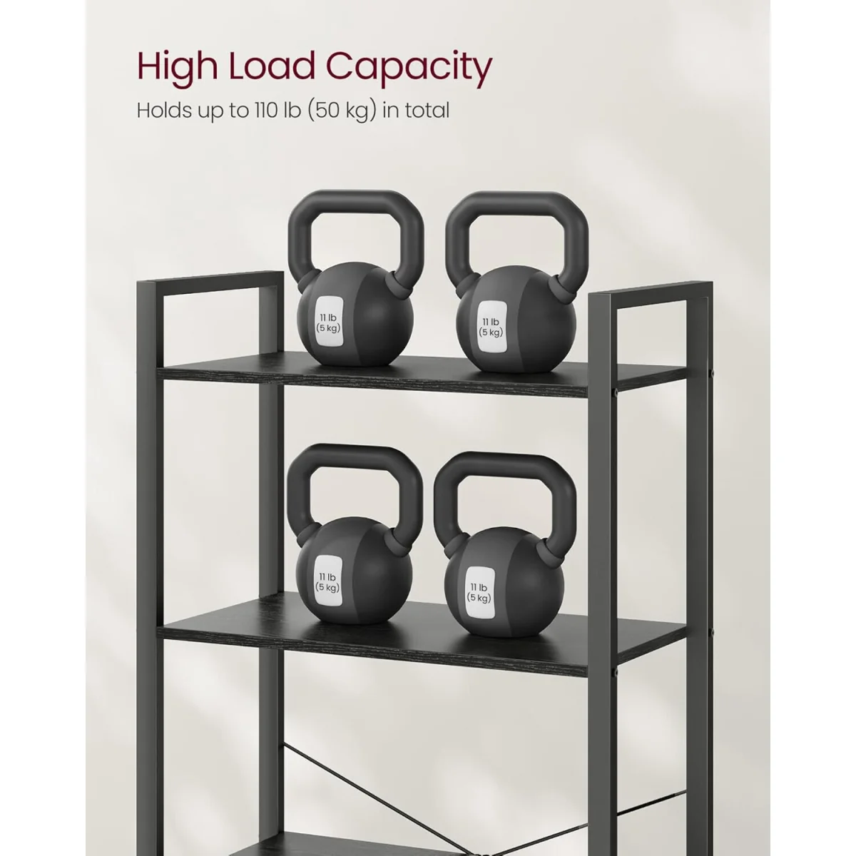 5-Tier Industrial Bookshelf with Steel Frame, Modern Open Bookcase Storage Unit - Ebony Black, Ink Black – image 7