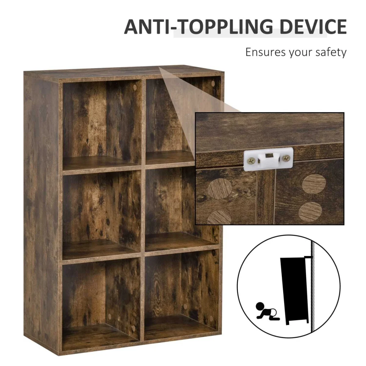 Ridiyo Wood Rustic Brown 6-Cube Storage Bookcase – image 6