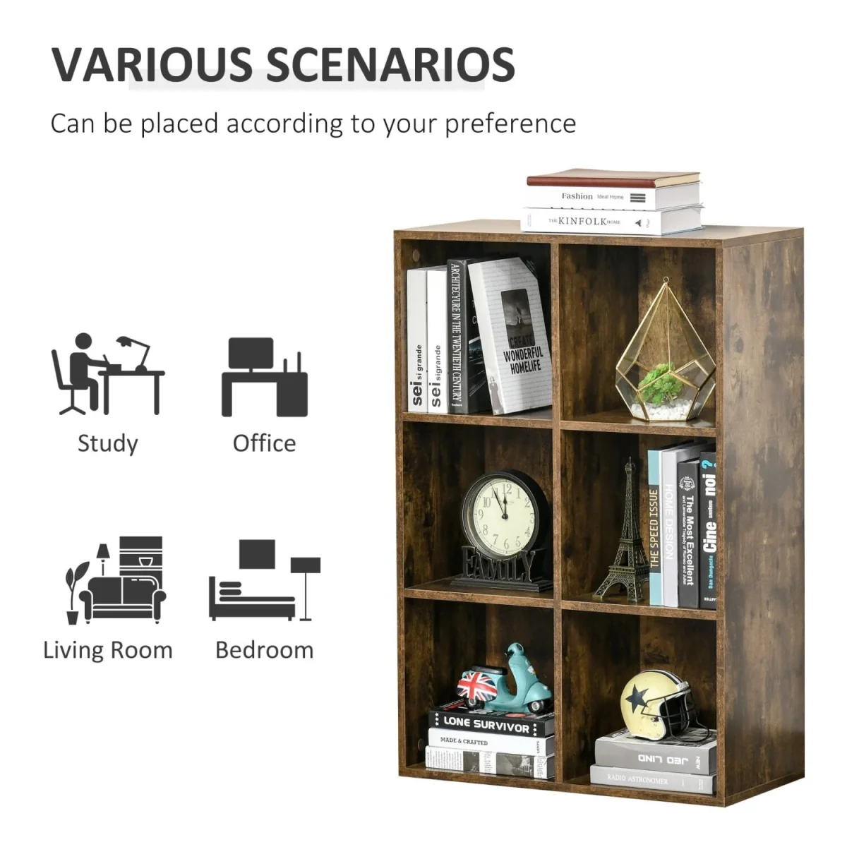 Ridiyo Wood Rustic Brown 6-Cube Storage Bookcase – image 8