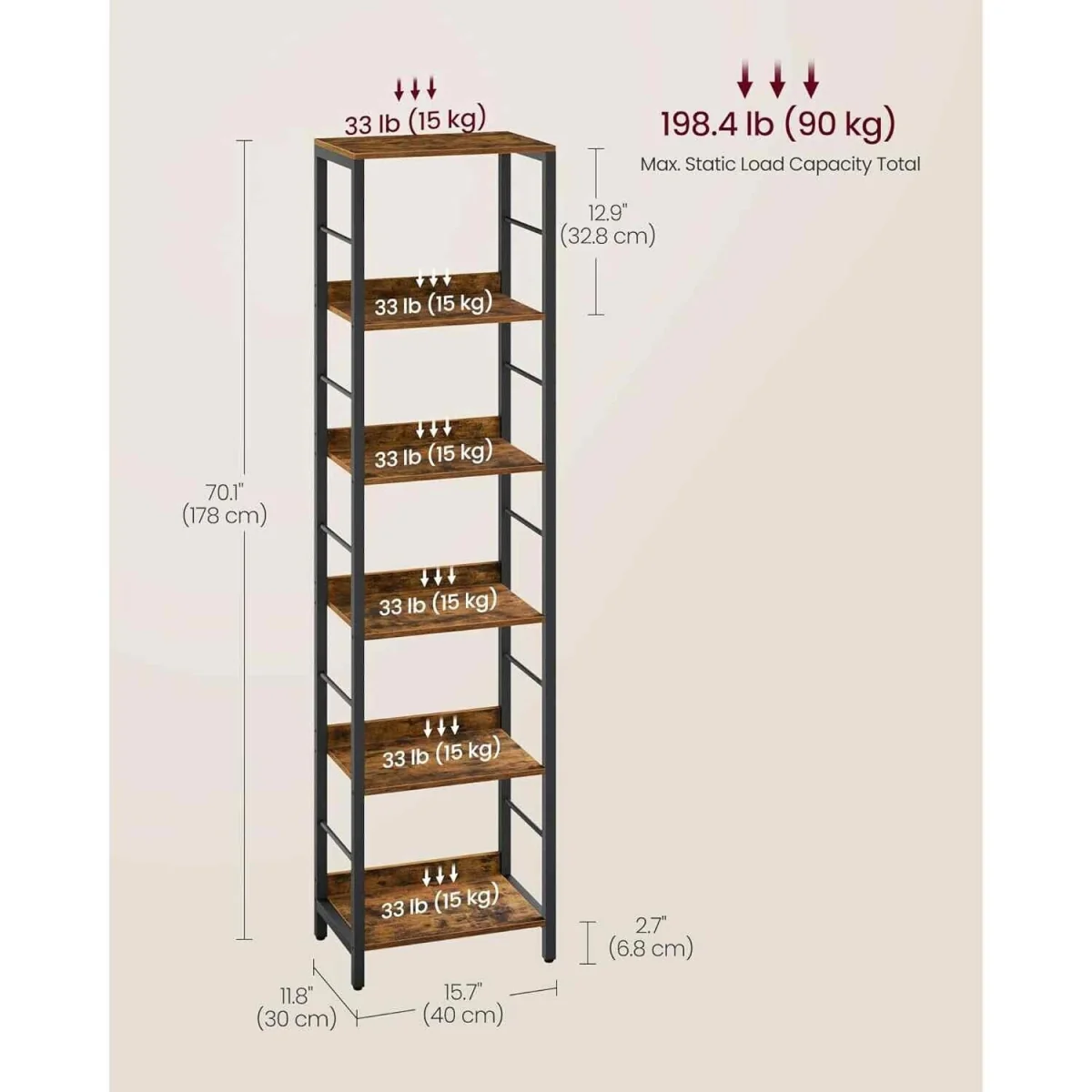 6 Tier Industrial Bookcase with Back Panels, Brown - Rustic Brown, Ink Black – image 3