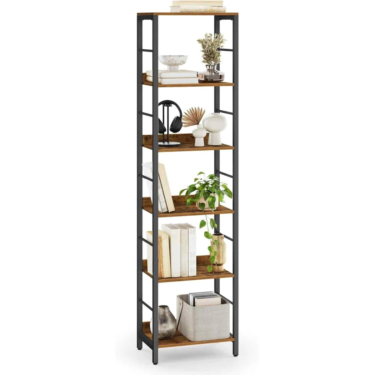 6 Tier Industrial Bookcase with Back Panels, Brown - Rustic Brown, Ink Black – image 4