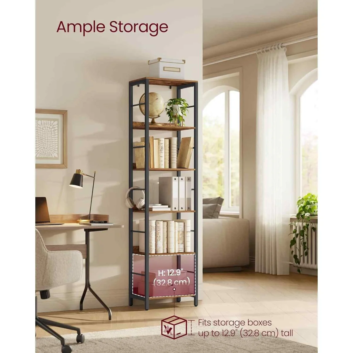 6 Tier Industrial Bookcase with Back Panels, Brown - Rustic Brown, Ink Black – image 5