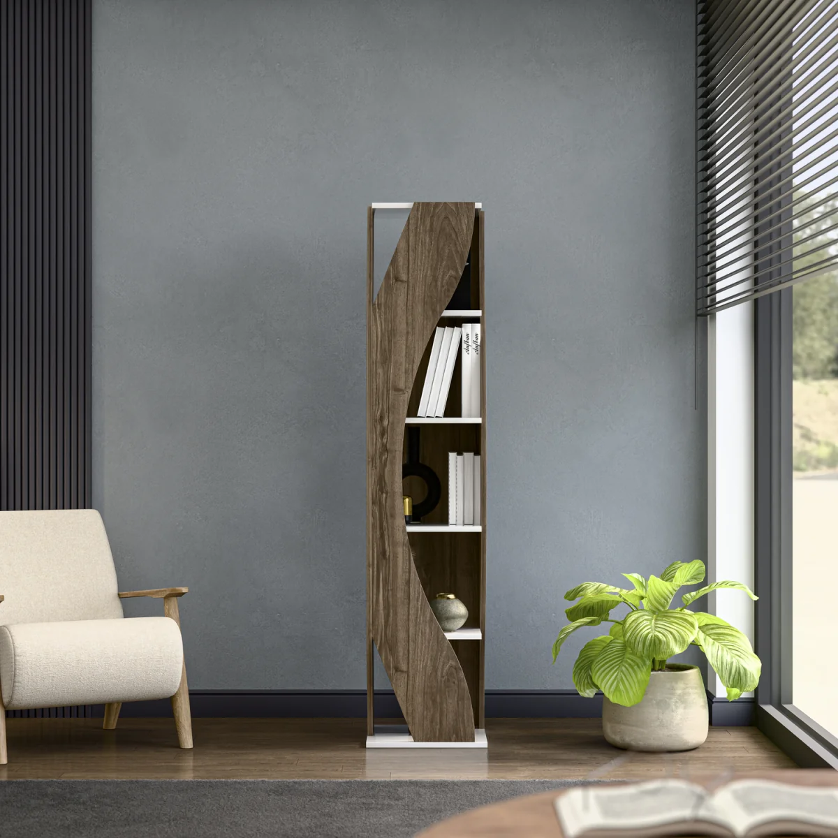 Reva Corner Bookcase - Walnut and White