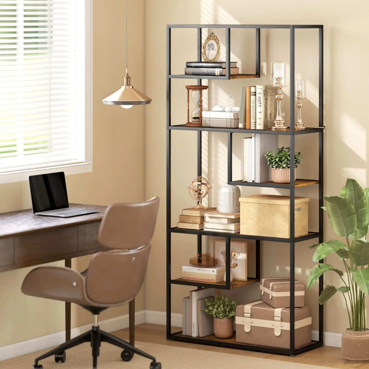 Tadoro Metal and Wood 6-Tier Industrial Shelving Bookcase, Rustic Brown – image 4