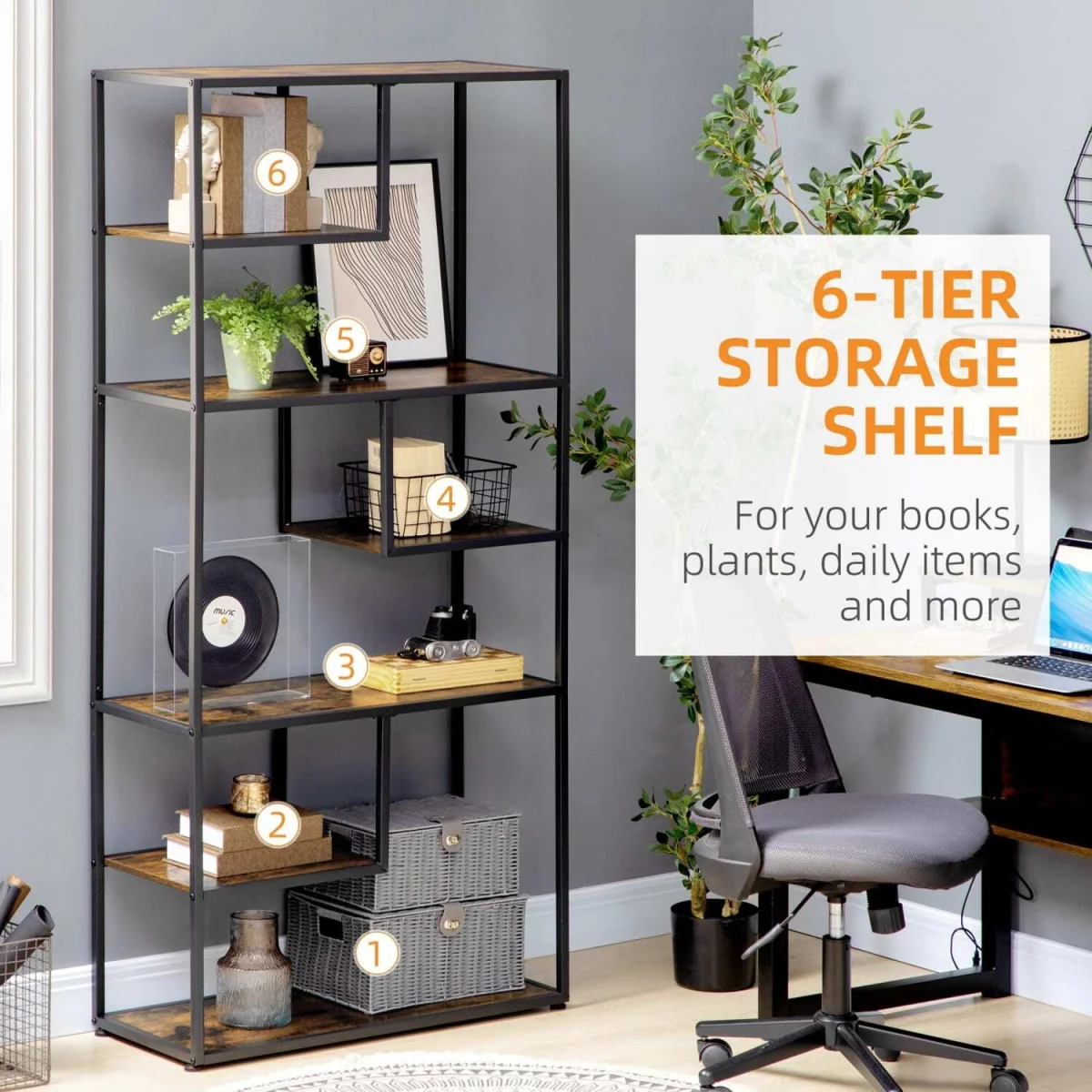 Tadoro Metal and Wood 6-Tier Industrial Shelving Bookcase, Rustic Brown – image 7