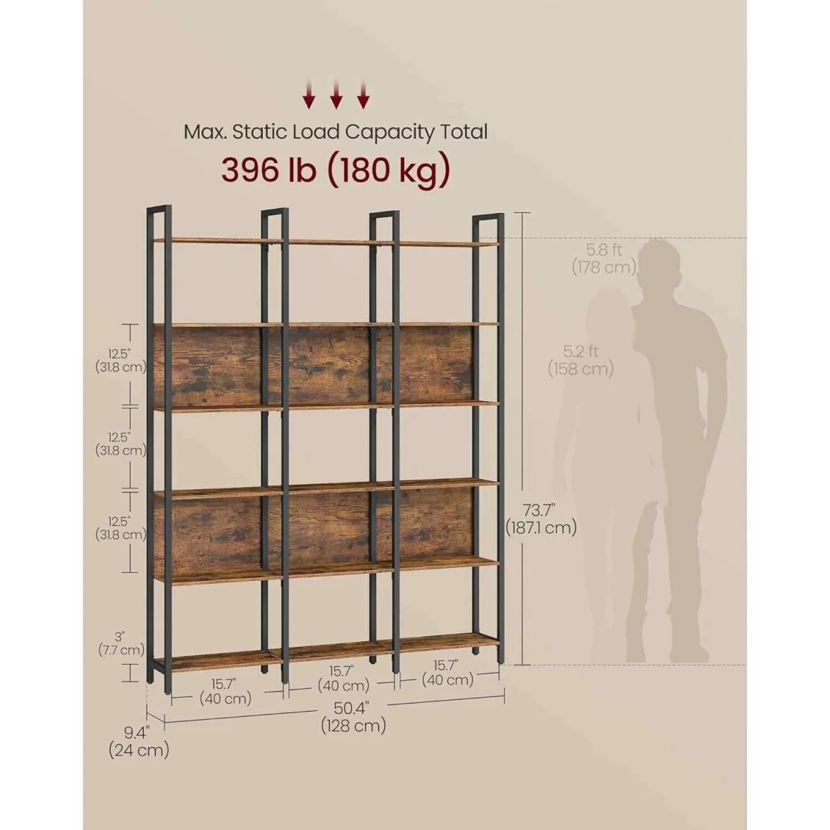 6 Tier Industrial Bookcase Storage Shelf, Brown - Rustic Brown, Ink Black – image 3