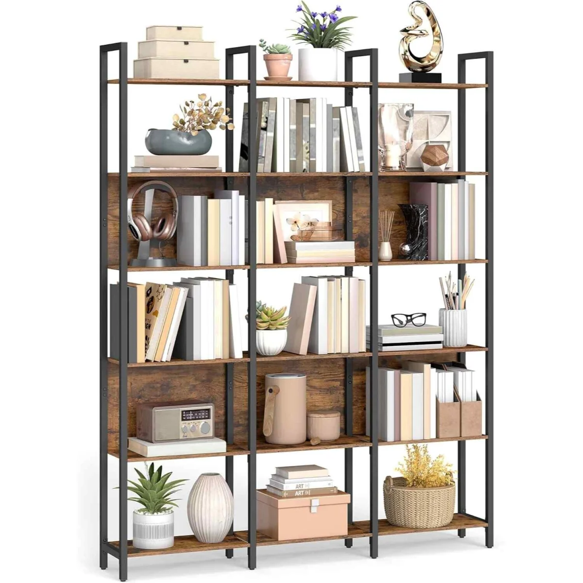 6 Tier Industrial Bookcase Storage Shelf, Brown - Rustic Brown, Ink Black – image 4
