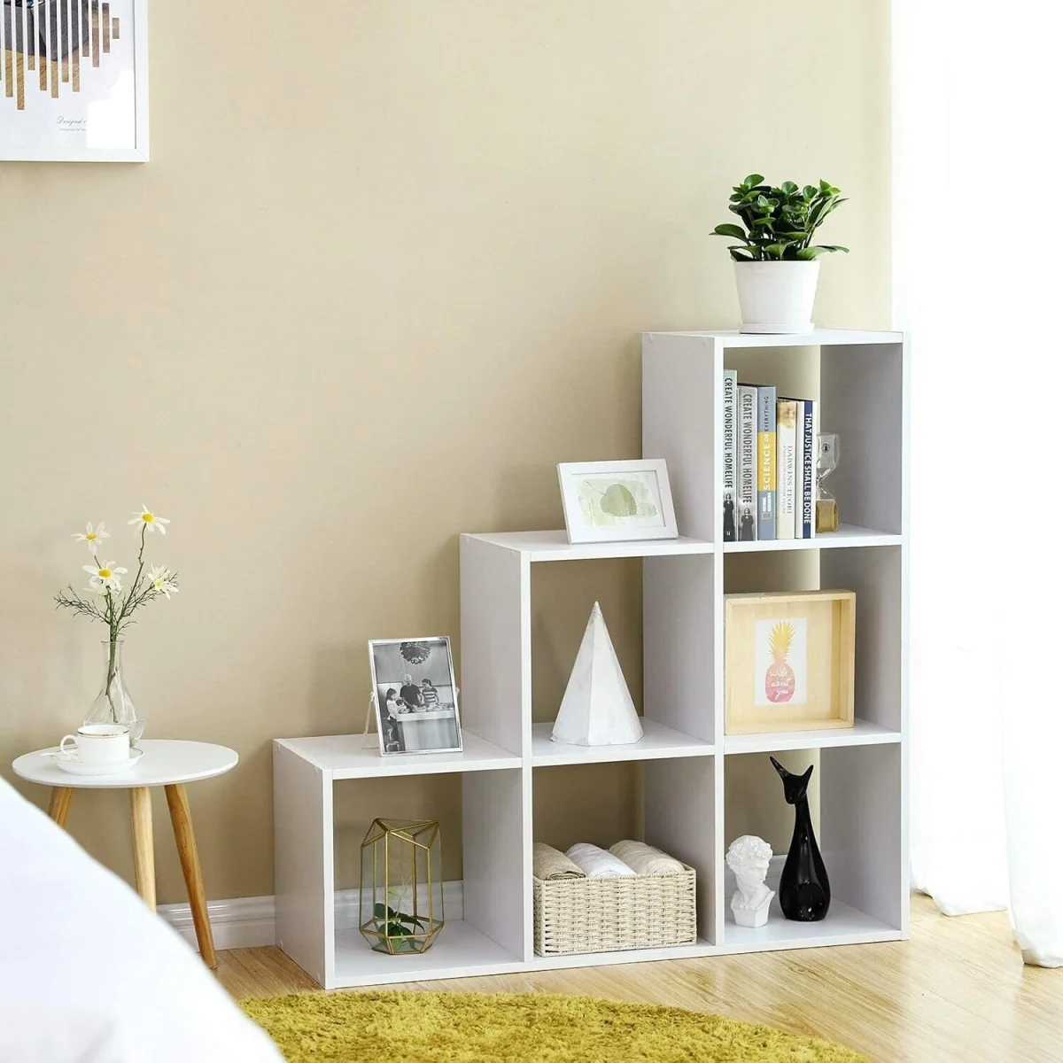 6-Cube Stair-Style Ladder Bookcase, Freestanding Room Divider and Storage Shelf - White – image 2