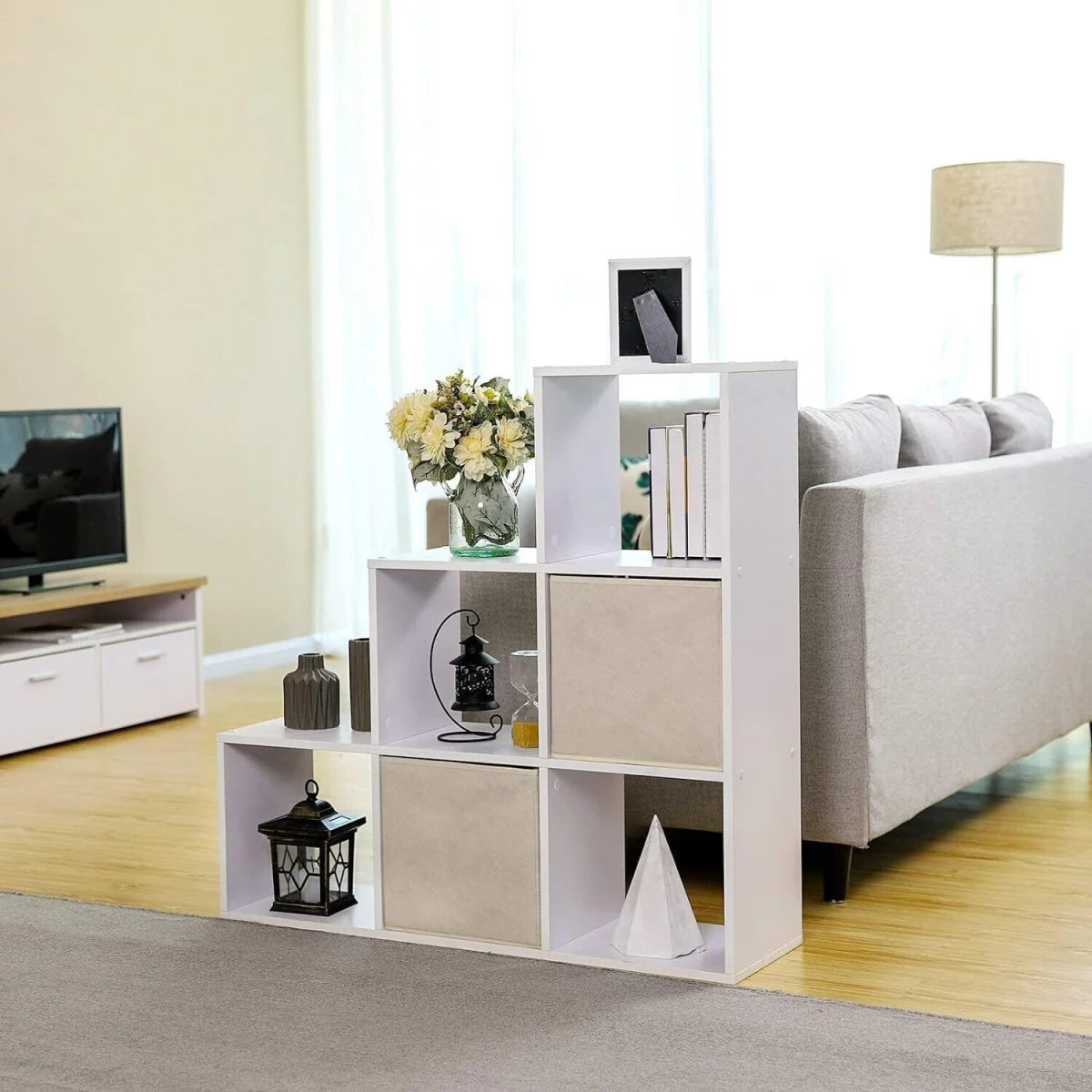 6-Cube Stair-Style Ladder Bookcase, Freestanding Room Divider and Storage Shelf - White – image 4