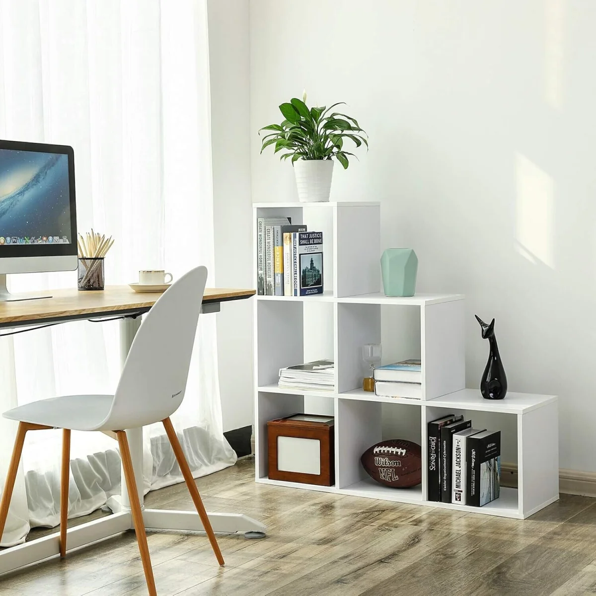 6-Cube Stair-Style Ladder Bookcase, Freestanding Room Divider and Storage Shelf - White – image 6