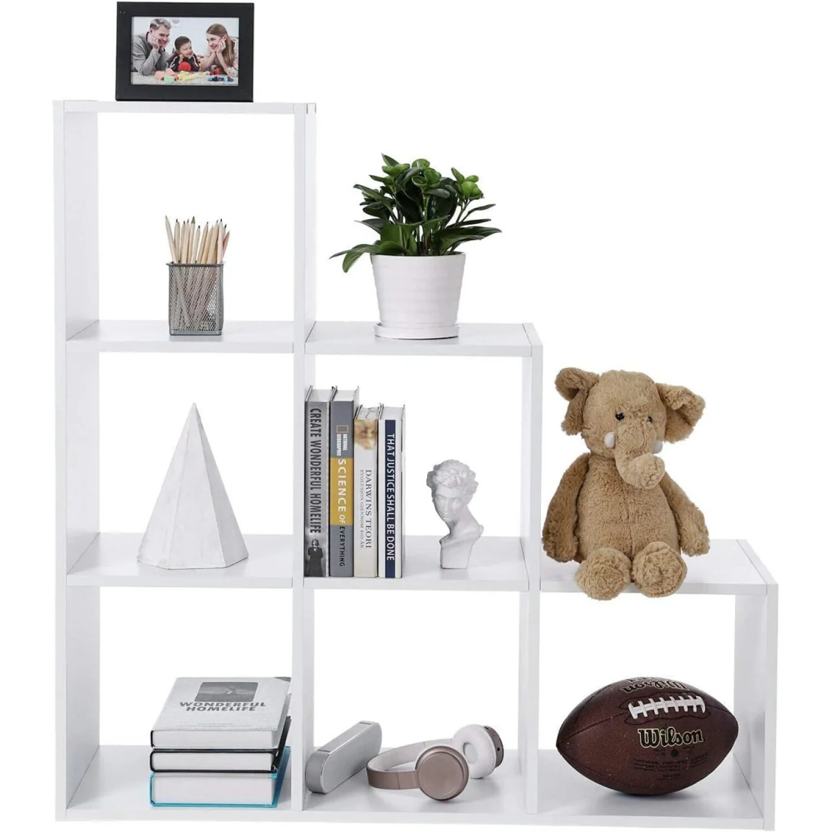 6-Cube Stair-Style Ladder Bookcase, Freestanding Room Divider and Storage Shelf - White – image 8