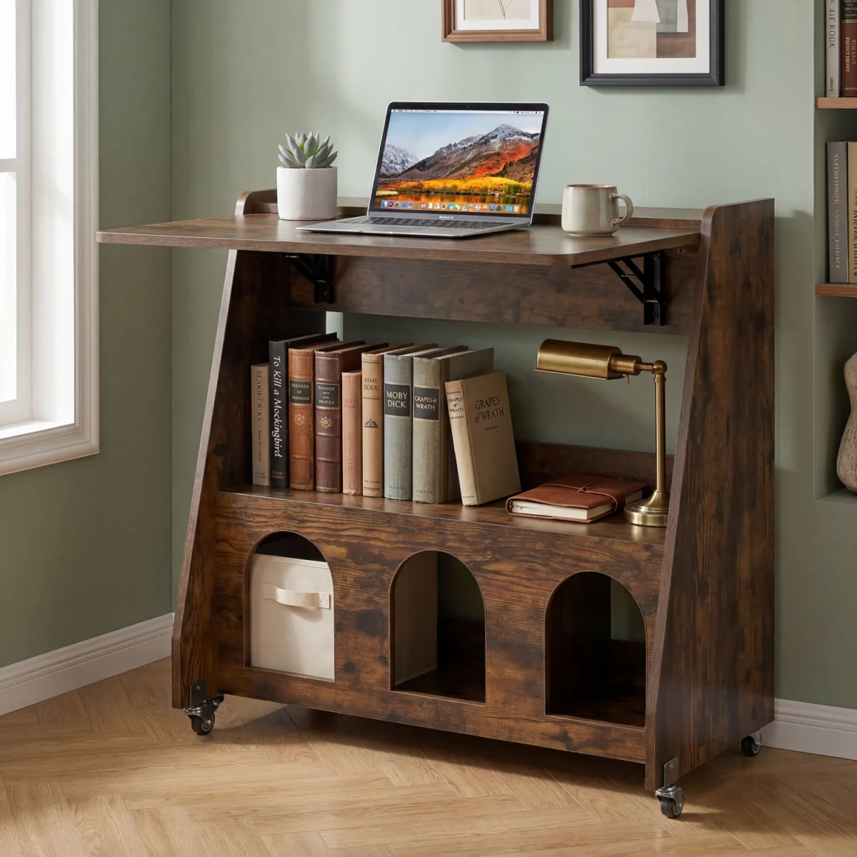Convertible Mobile Workstation with Storage Shelves and Compartments-Brown - Brown – image 3