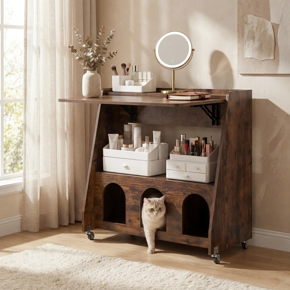Convertible Mobile Workstation with Storage Shelves and Compartments-Brown - Brown – image 5