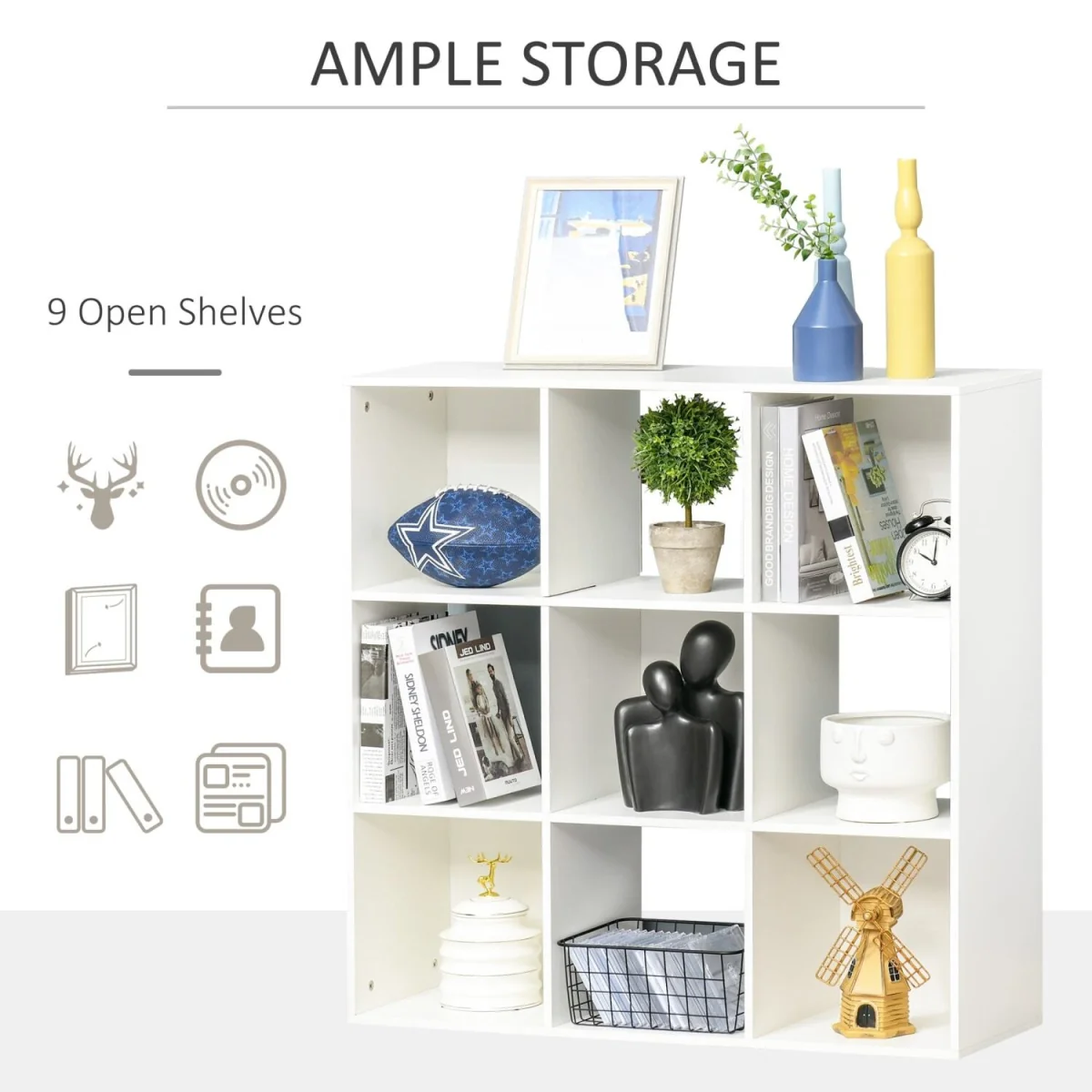 Zido Wood White 3-Tier 9-Cube Storage Bookcase – image 2