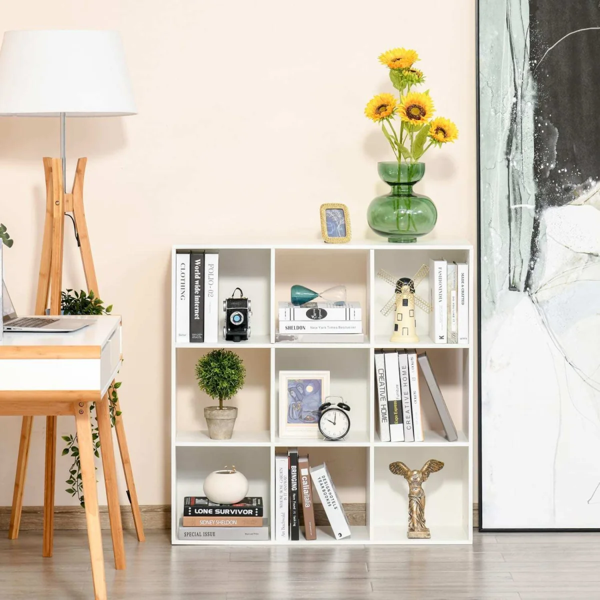 Zido Wood White 3-Tier 9-Cube Storage Bookcase – image 6