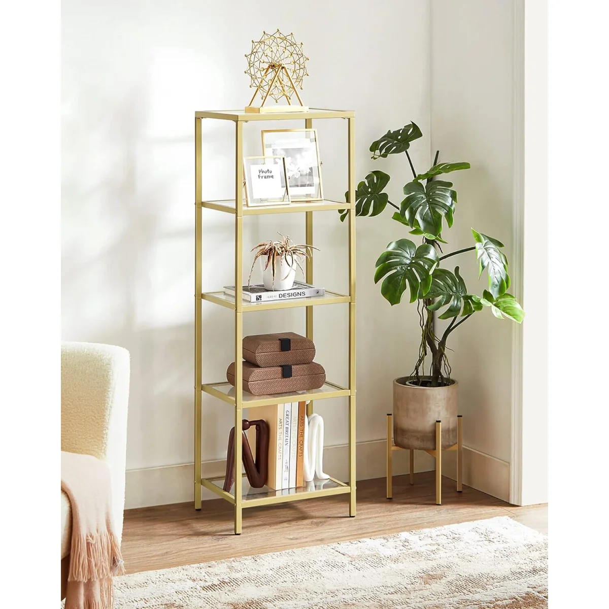 5-Tier Glass Display Bookcase with Tempered Shelves, Elegant Metal Frame Storage Unit - Gold – image 2