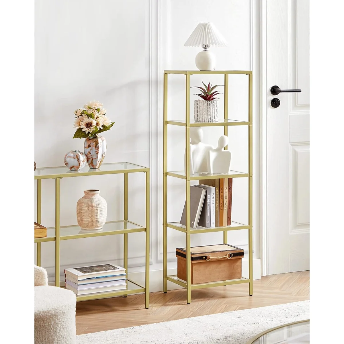 5-Tier Glass Display Bookcase with Tempered Shelves, Elegant Metal Frame Storage Unit - Gold – image 5