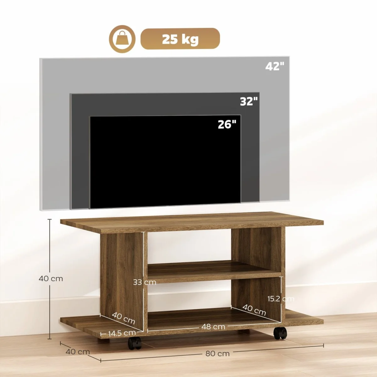 Avavello 80cm Walnut Mobile TV Storage Unit with Shelves and Castors – image 4