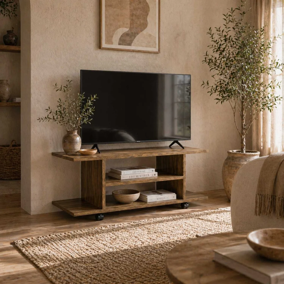 Avavello 80cm Walnut Mobile TV Storage Unit with Shelves and Castors – image 1
