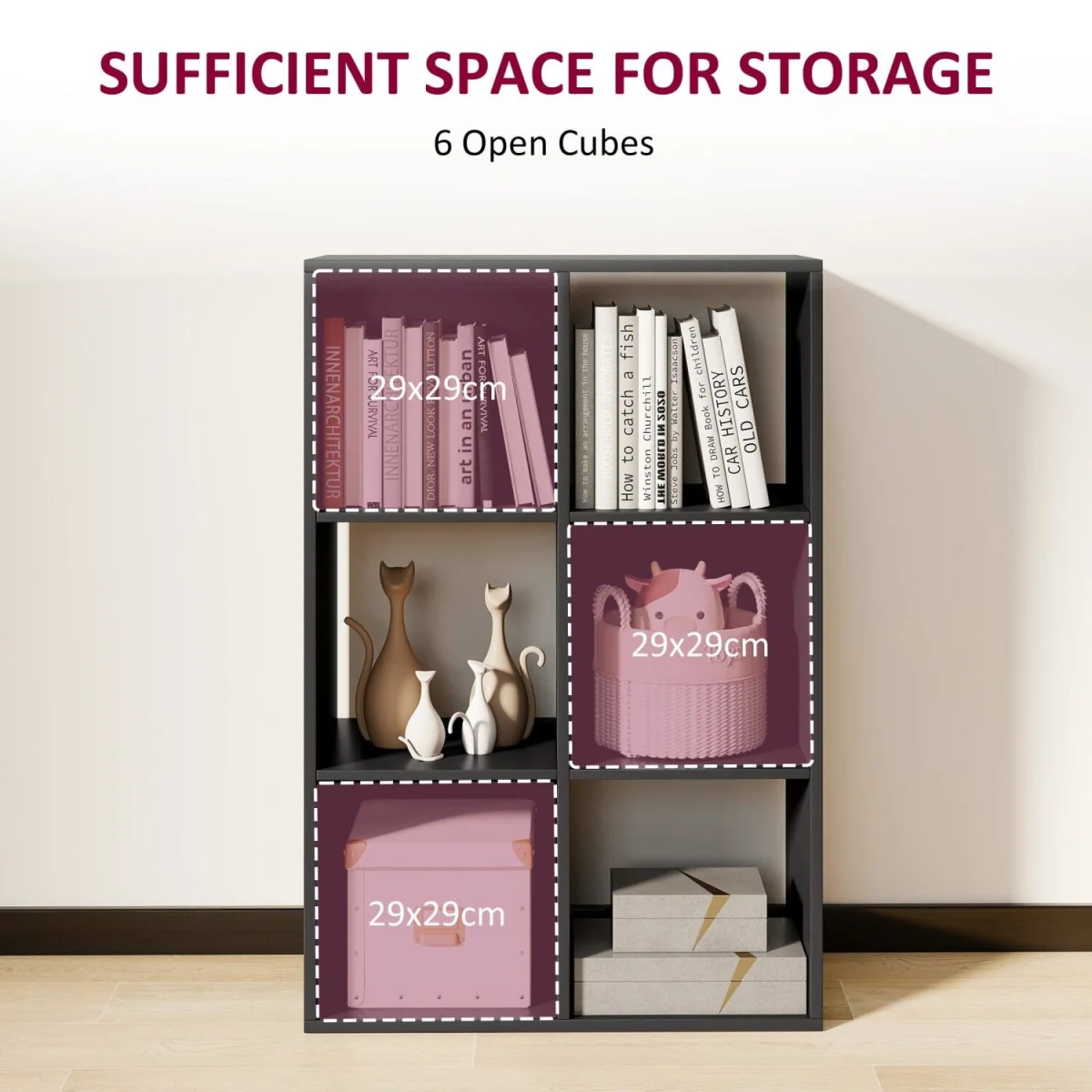 Vasutte Wooden Black 6 Cube Storage Bookcase – image 6