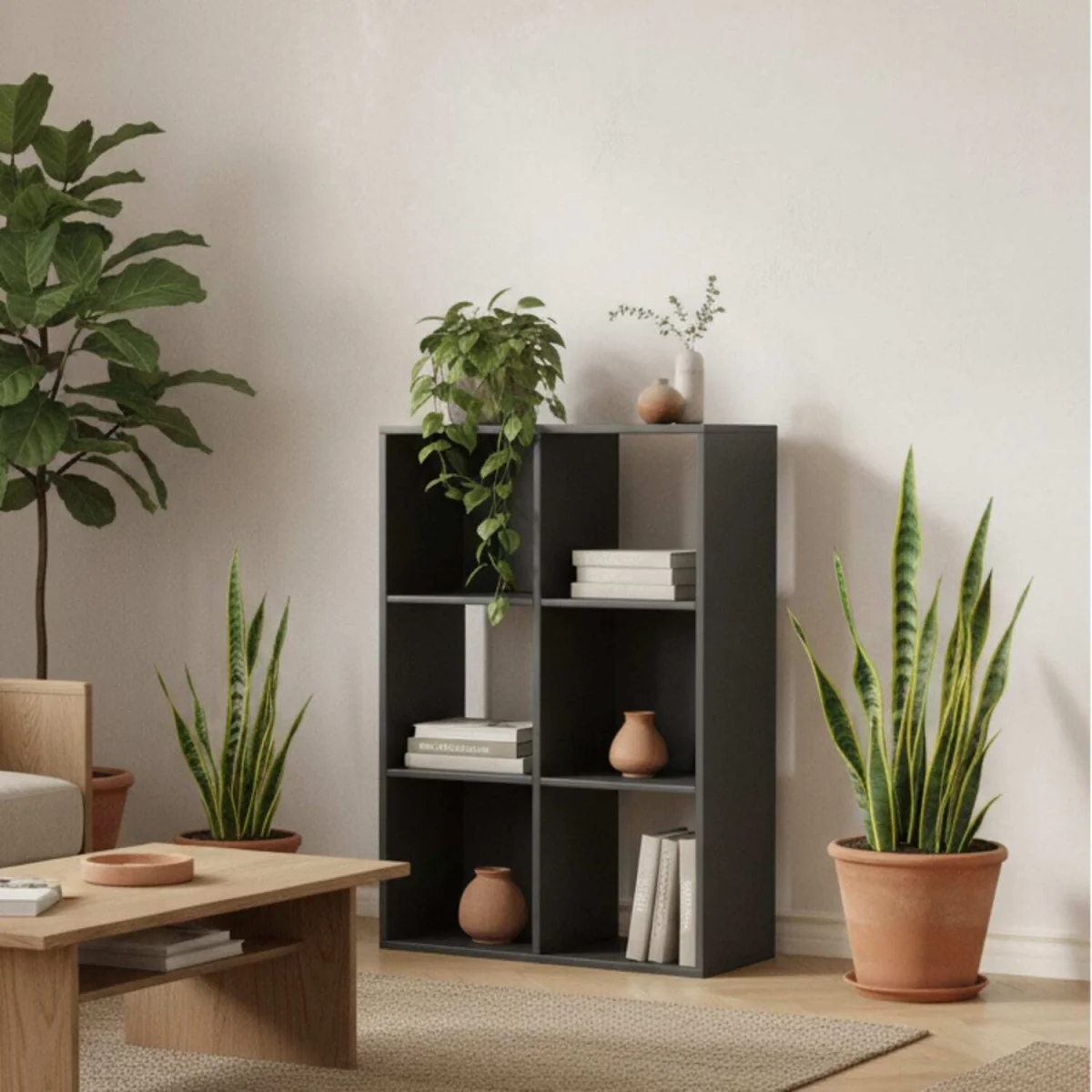 Vasutte Wooden Black 6 Cube Storage Bookcase – image 1