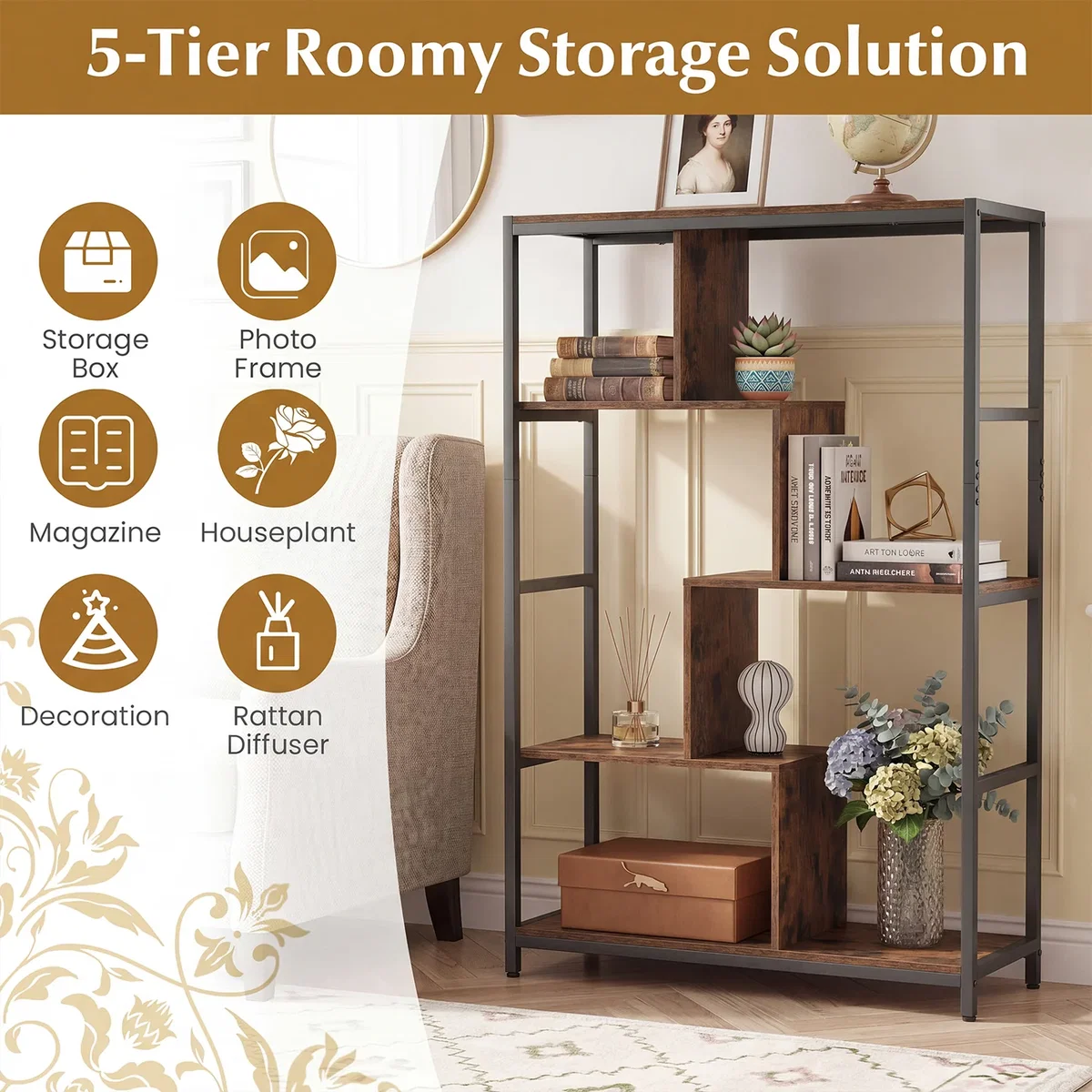 5-Tier Industrial Bookcase - Brown – image 9